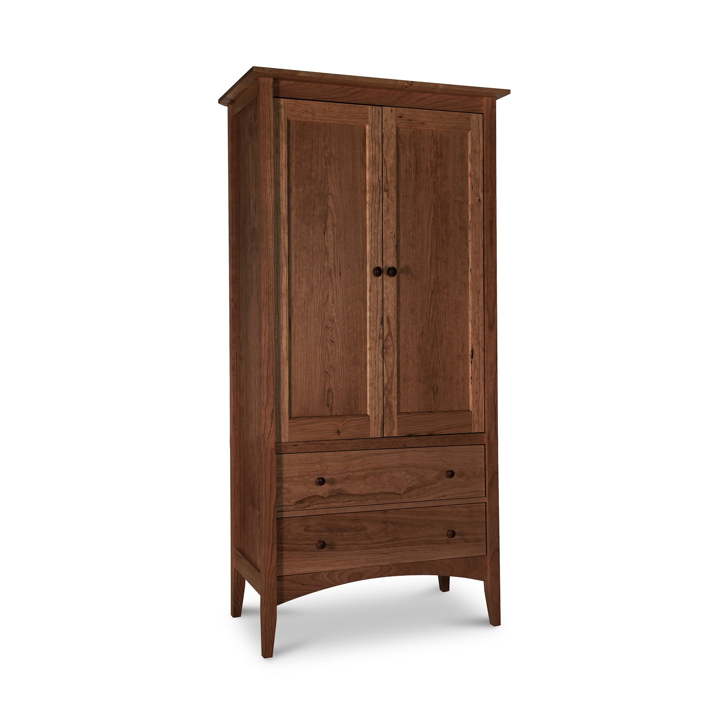 Heirloom quality, solid wood Maple Corner Woodworks American Shaker Armoire with two doors above and two drawers below, isolated on a white background.