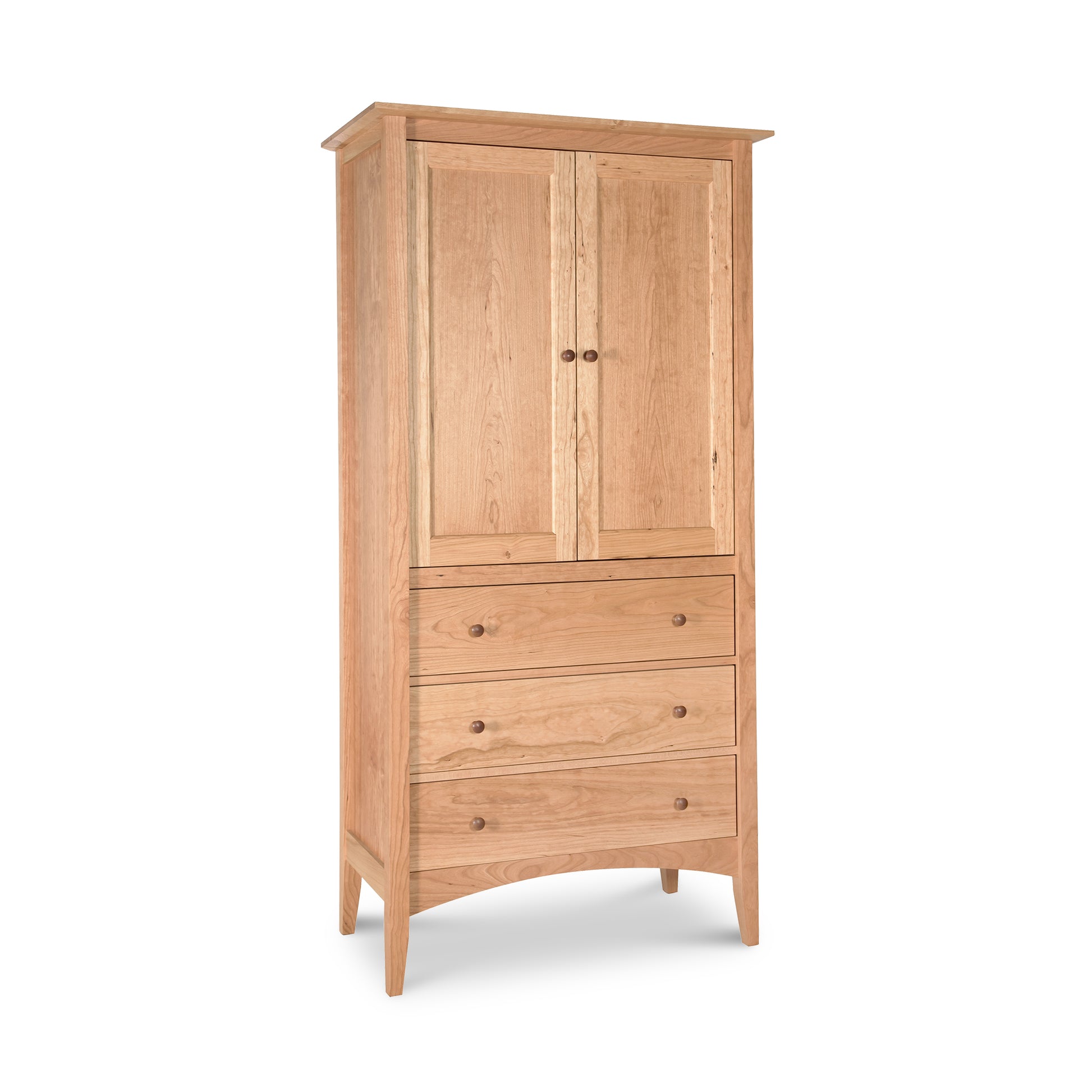 A Maple Corner Woodworks American Shaker Armoire with an upper cabinet section featuring double doors and a lower section with four drawers, set against a white background.