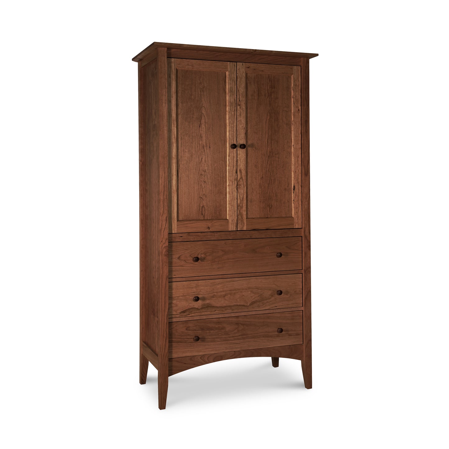 A Maple Corner Woodworks American Shaker Armoire with a cabinet section on top featuring two closed doors, and a lower section with three drawers, set against a white background.