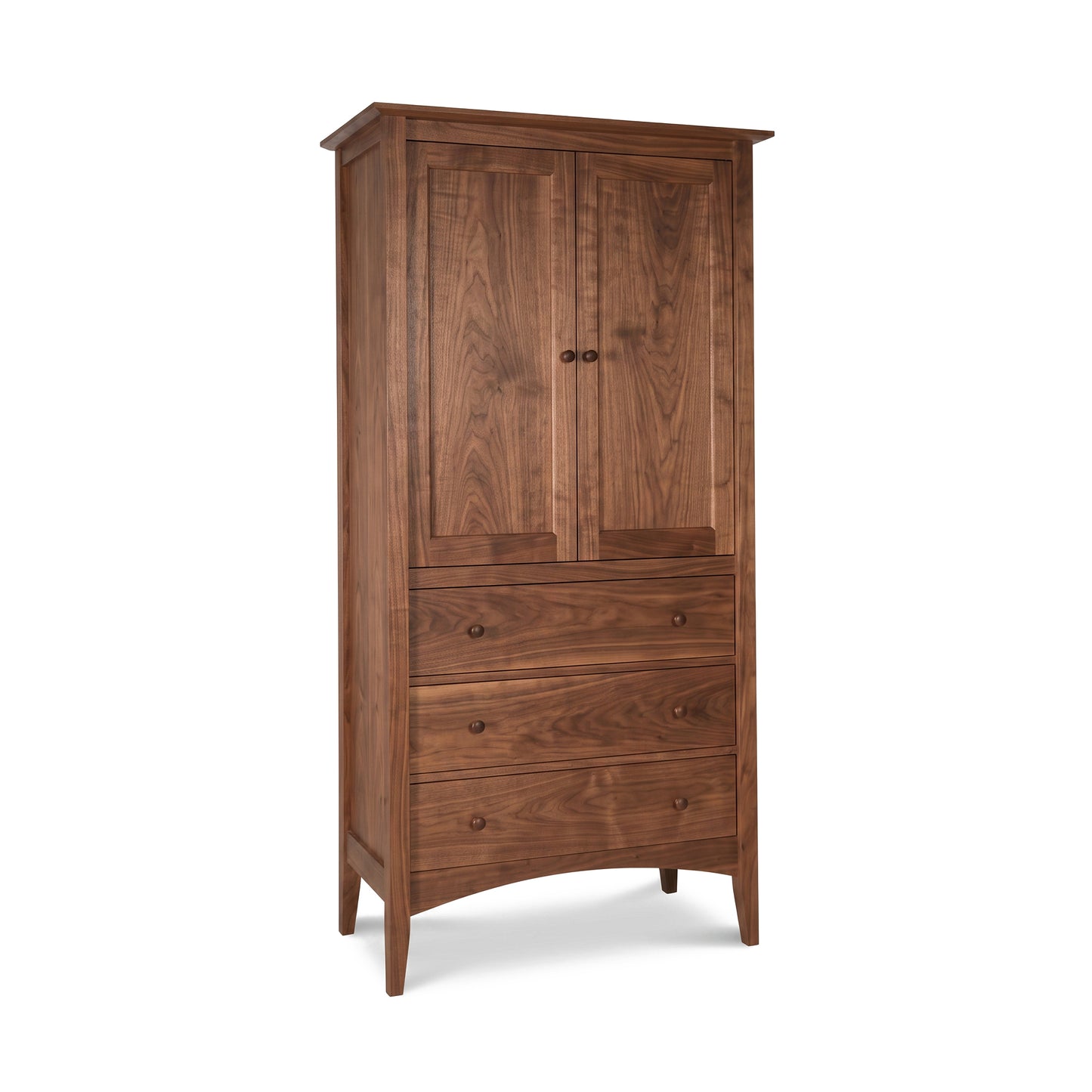 Maple Corner Woodworks American Shaker Armoire with two doors, three drawers, and four legs in classic solid wood craftsmanship.