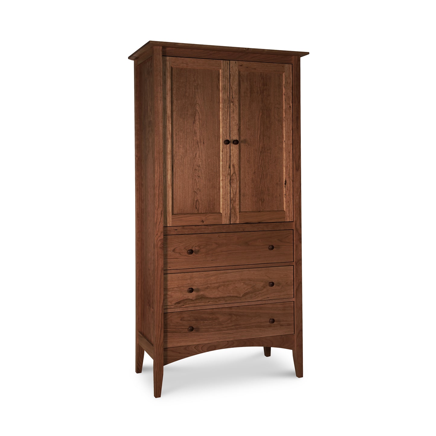 American Shaker Armoire by Maple Corner Woodworks, tall solid wood piece with two top doors and three drawers featuring elegant round handles, showcasing a blend of functionality and timeless American craftsmanship.