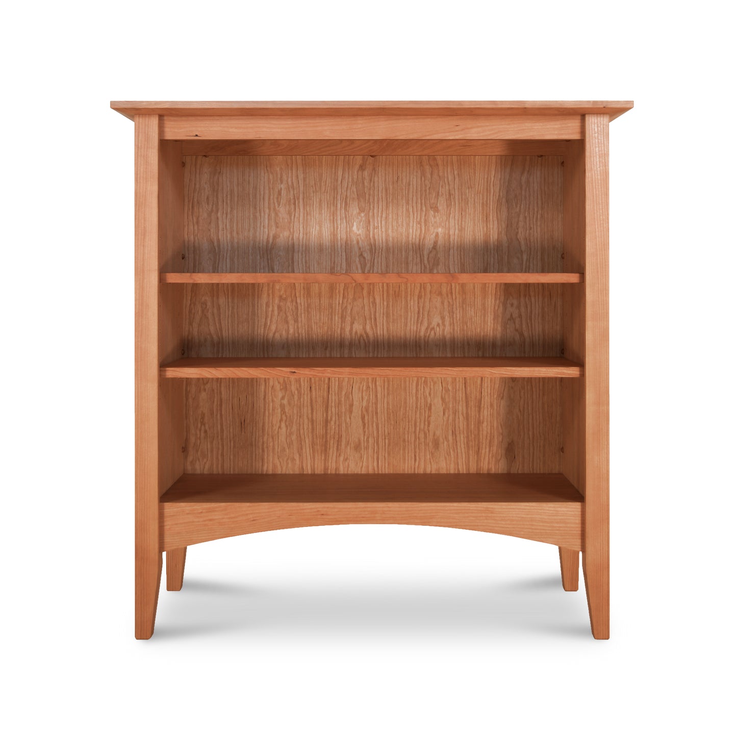 American Shaker Bookcase with three shelves and open back, showcasing a natural wood grain finish from sustainably harvested hardwoods by Maple Corner Woodworks.