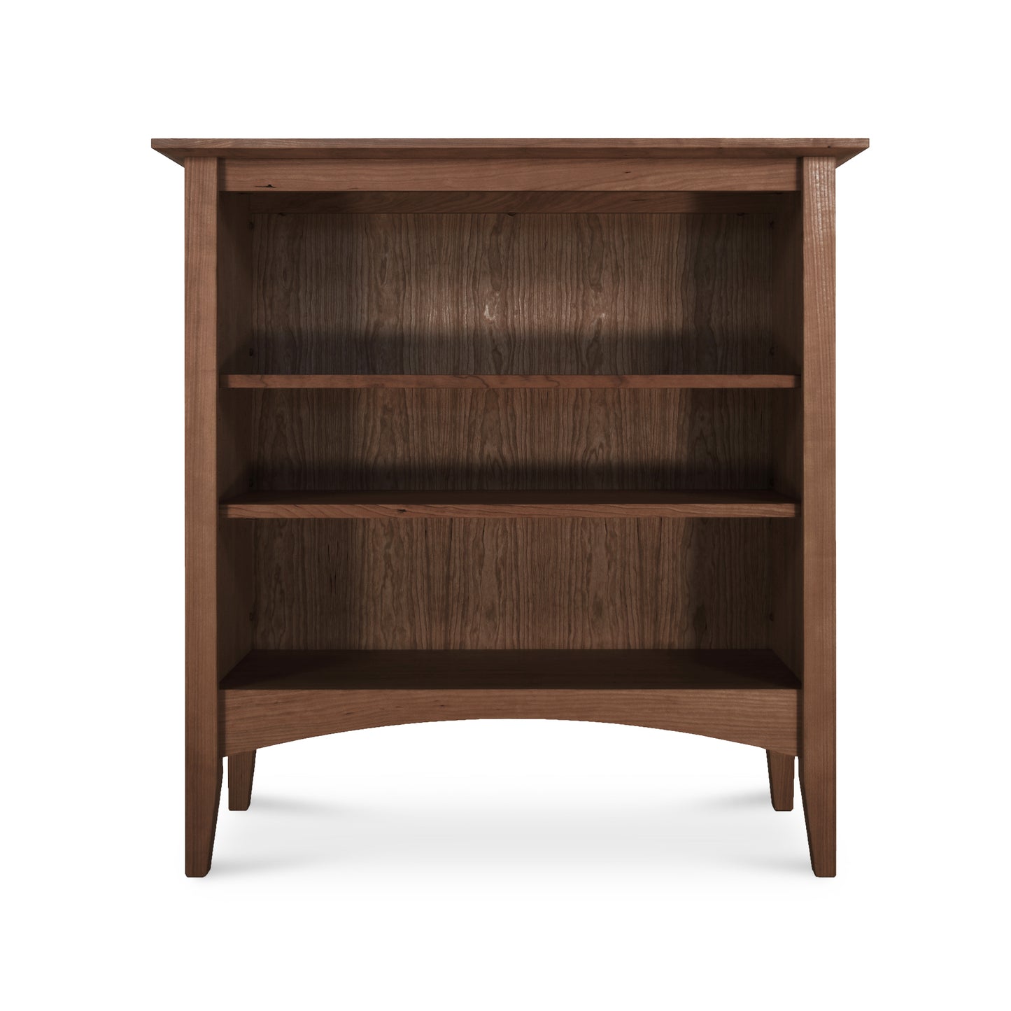 Maple Corner Woodworks American Shaker Bookcase crafted from sustainably harvested hardwoods, with three shelves, isolated on a white background.