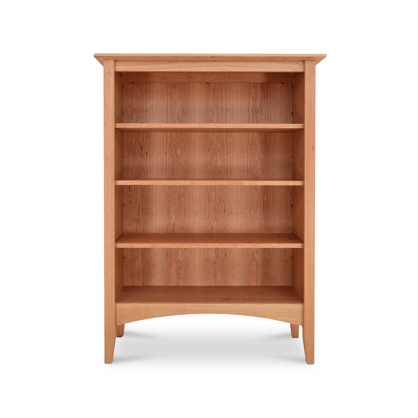 A Maple Corner Woodworks American Shaker Bookcase, crafted from sustainably harvested hardwoods, featuring four shelves, empty and isolated on a white background.