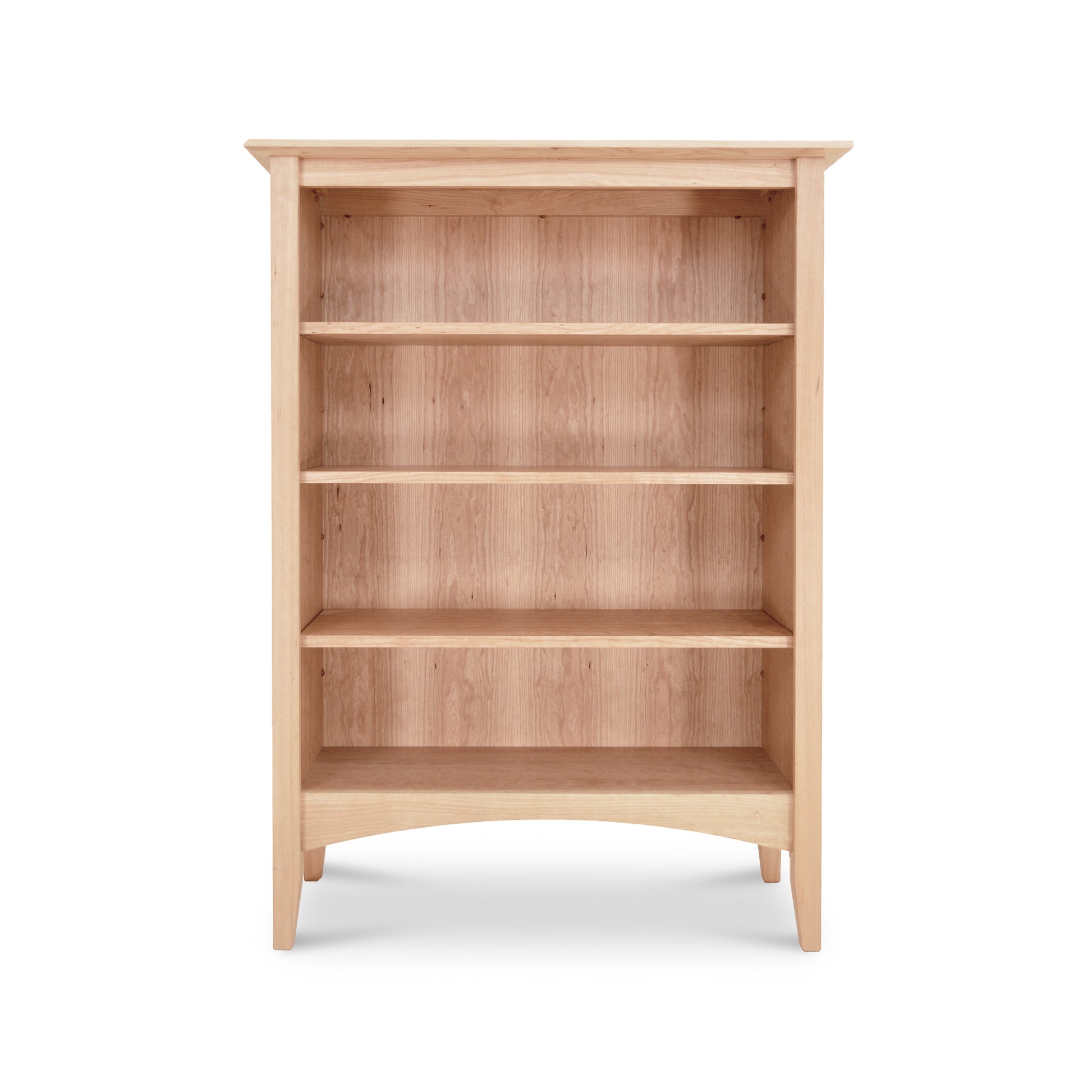 An Maple Corner Woodworks American Shaker bookcase with four shelves, empty and isolated on a white background, crafted from sustainably harvested hardwoods in Vermont.