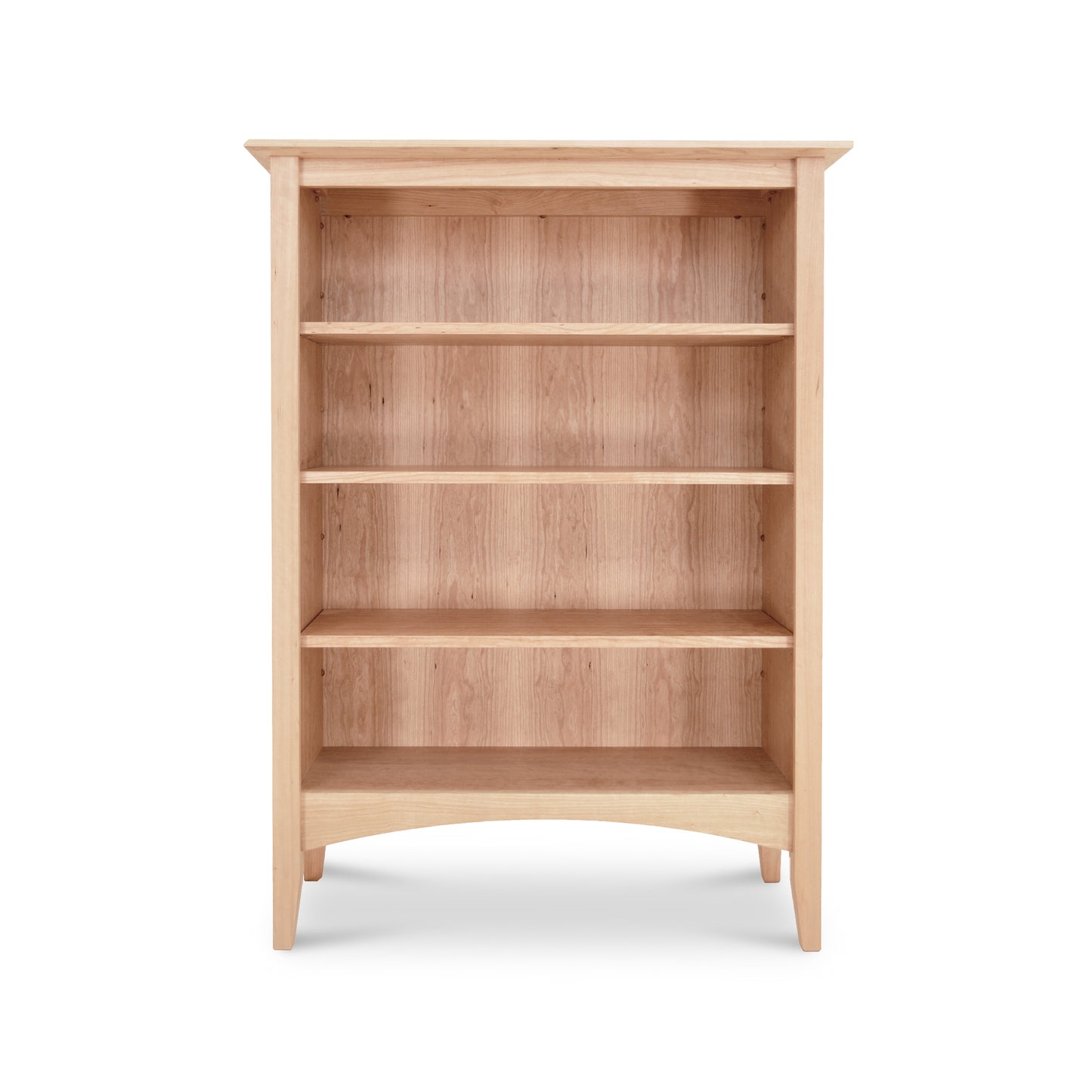 American Shaker Bookcase with four evenly spaced shelves, crafted from light wood by Maple Corner Woodworks using sustainably harvested hardwoods.