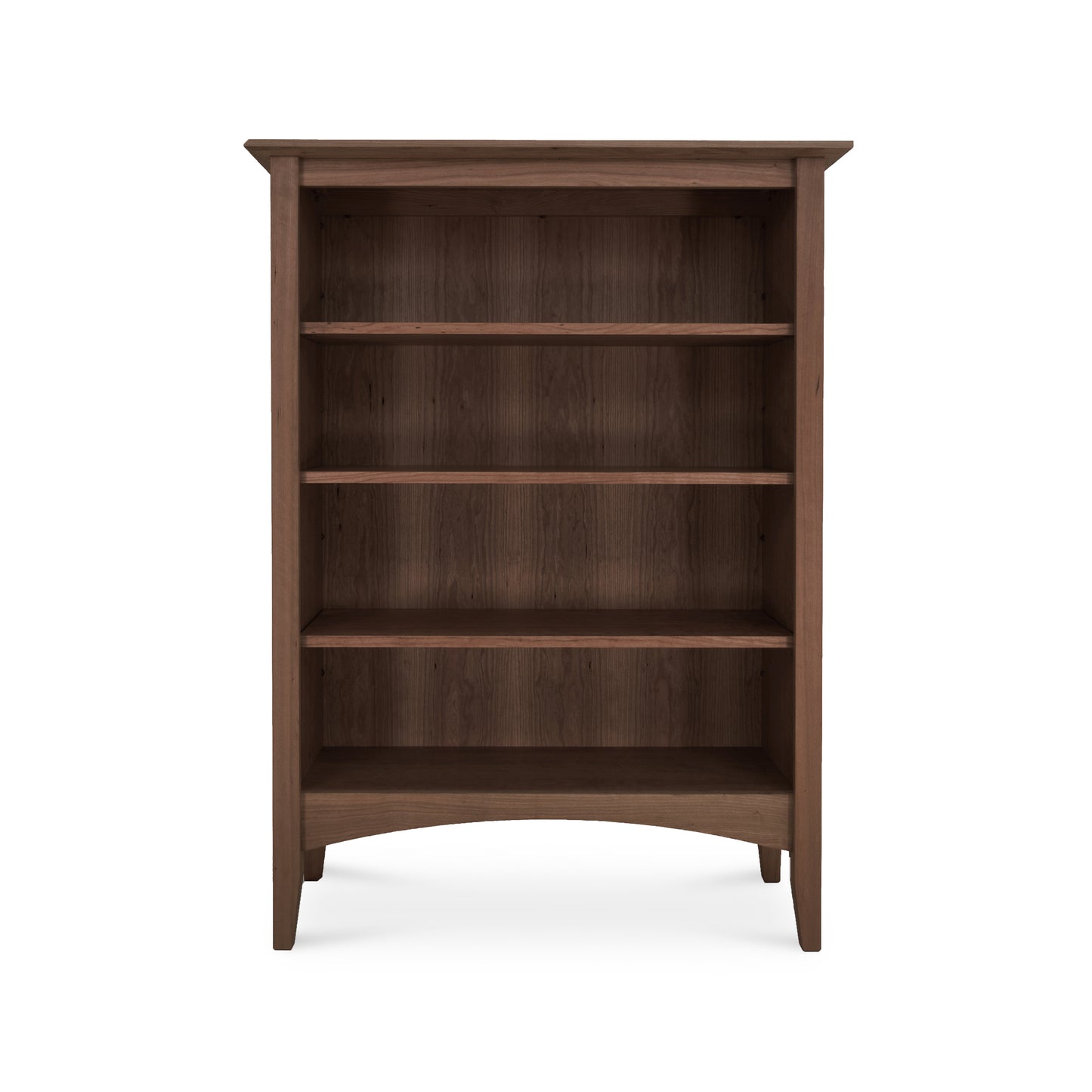 A Maple Corner Woodworks American Shaker Bookcase, crafted from sustainably harvested hardwoods, with four shelves, standing against a white background.