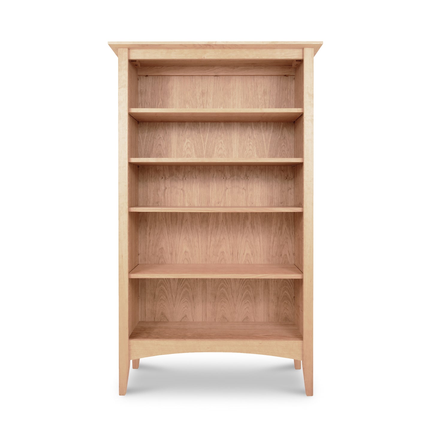 A sustainably harvested American Shaker Bookcase with four shelves, standing empty against a white background, made by Maple Corner Woodworks.