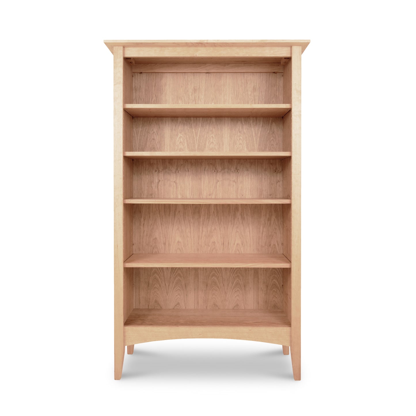 Front view of the American Shaker Bookcase by Maple Corner Woodworks showcasing five elegantly crafted, light-colored hardwood shelves.