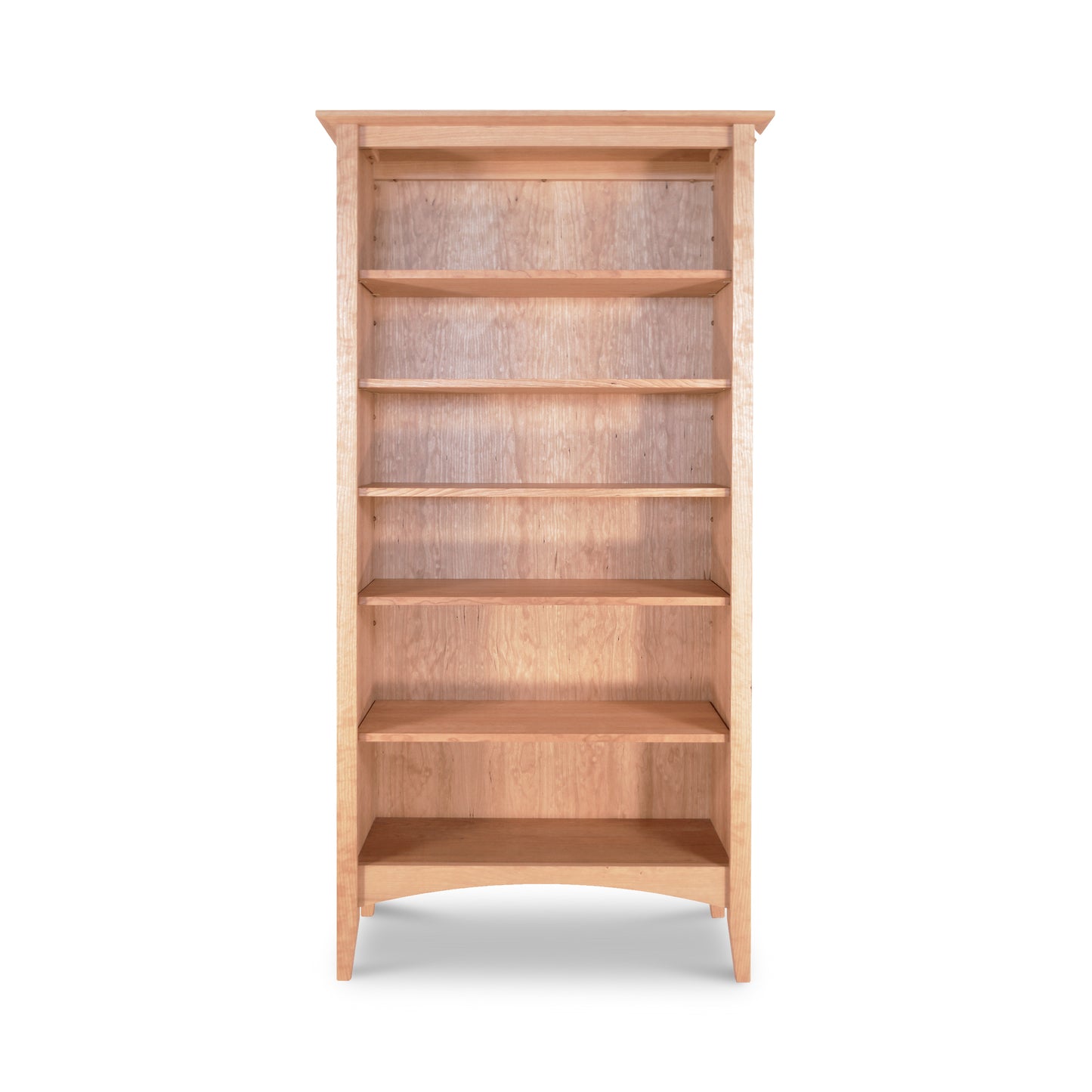 A Maple Corner Woodworks American Shaker Bookcase, constructed from sustainably harvested hardwoods, with five shelves, empty and isolated on a white background.