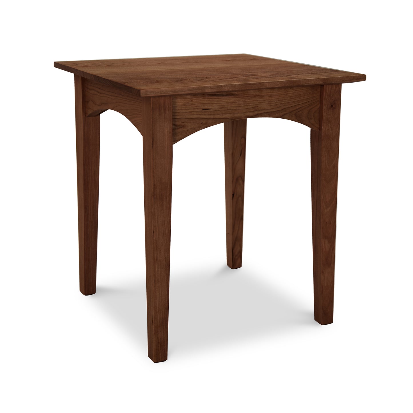 A simple wooden table with a square top and four straight legs, crafted in the Vermont traditional craftsmanship style, isolated on a white background. The American Shaker End Table by Maple Corner Woodworks has a rich, dark brown finish, showcasing visible wood.