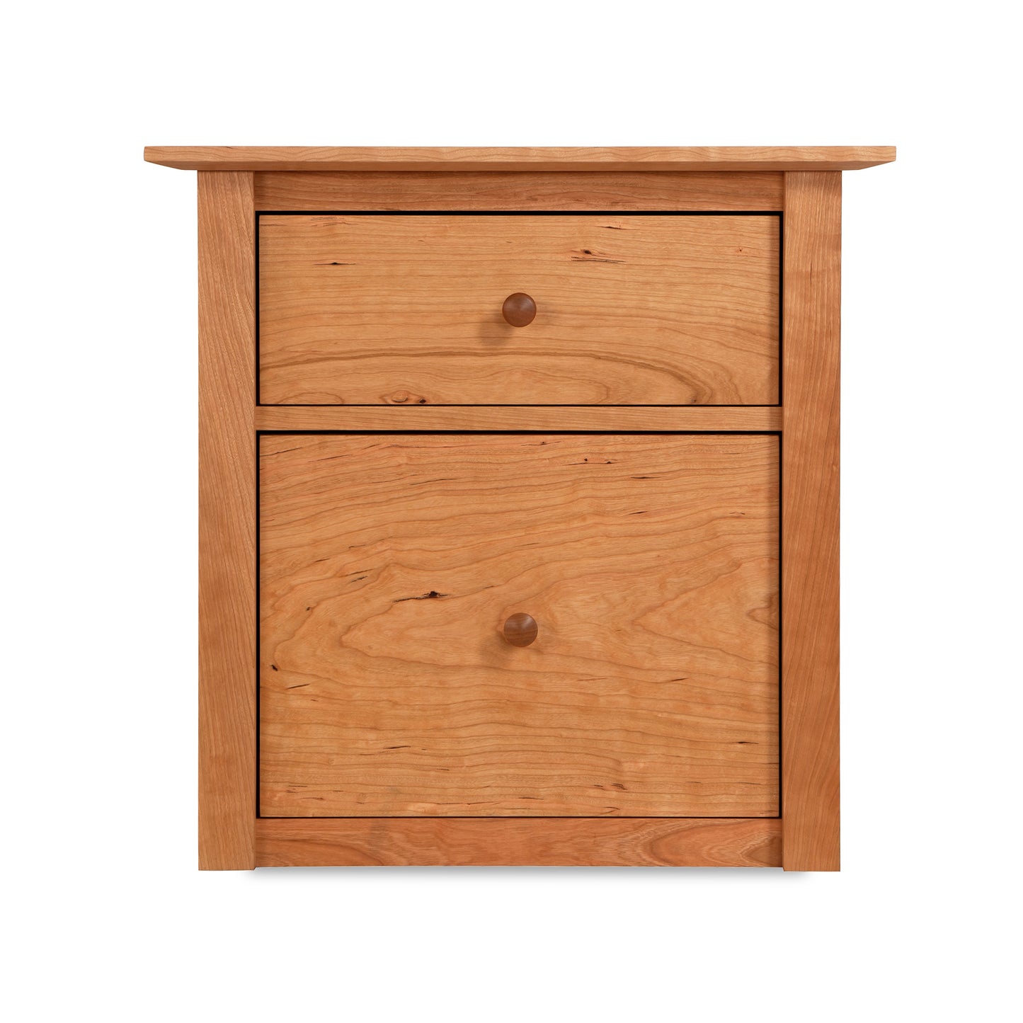 American Shaker File Cabinet from Maple Corner Woodworks with two drawers, round knobs, and a natural wood finish highlighting Vermont craftsmanship.
