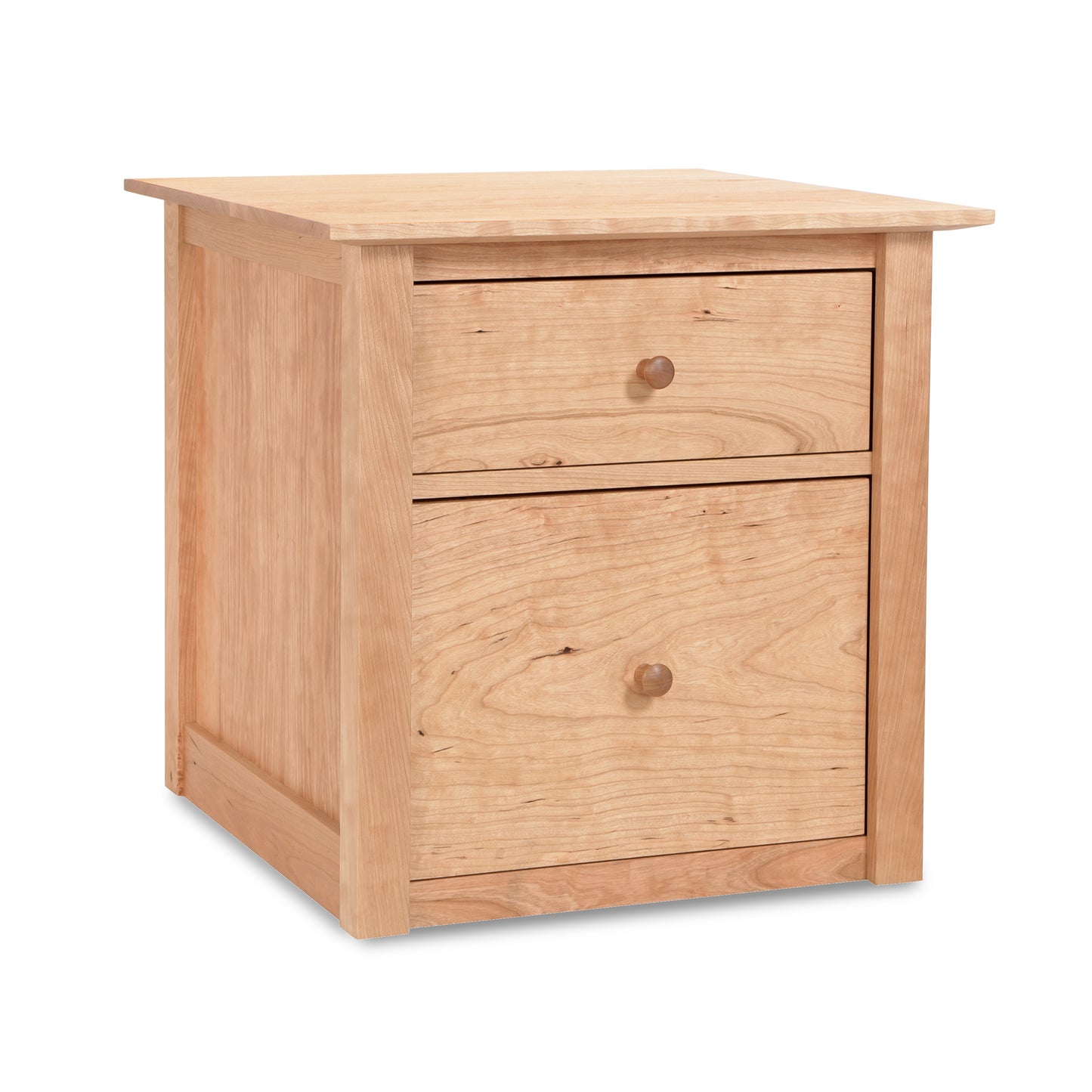 American Shaker File Cabinet by Maple Corner Woodworks with two round-knob drawers in a light natural wood finish, showcasing Vermont craftsmanship.