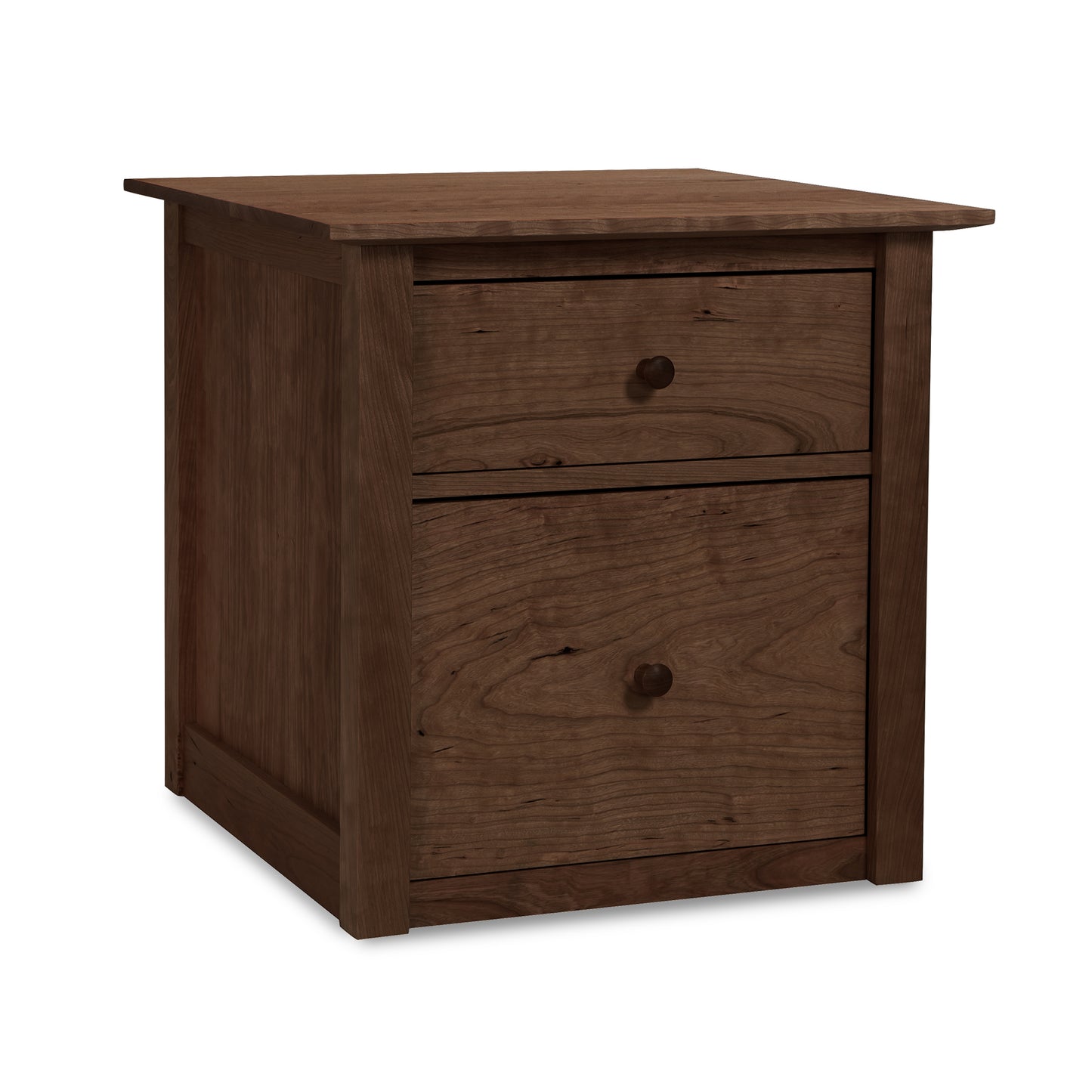 American Shaker File Cabinet by Maple Corner Woodworks with two drawers and round knobs, crafted by Vermont artisans.