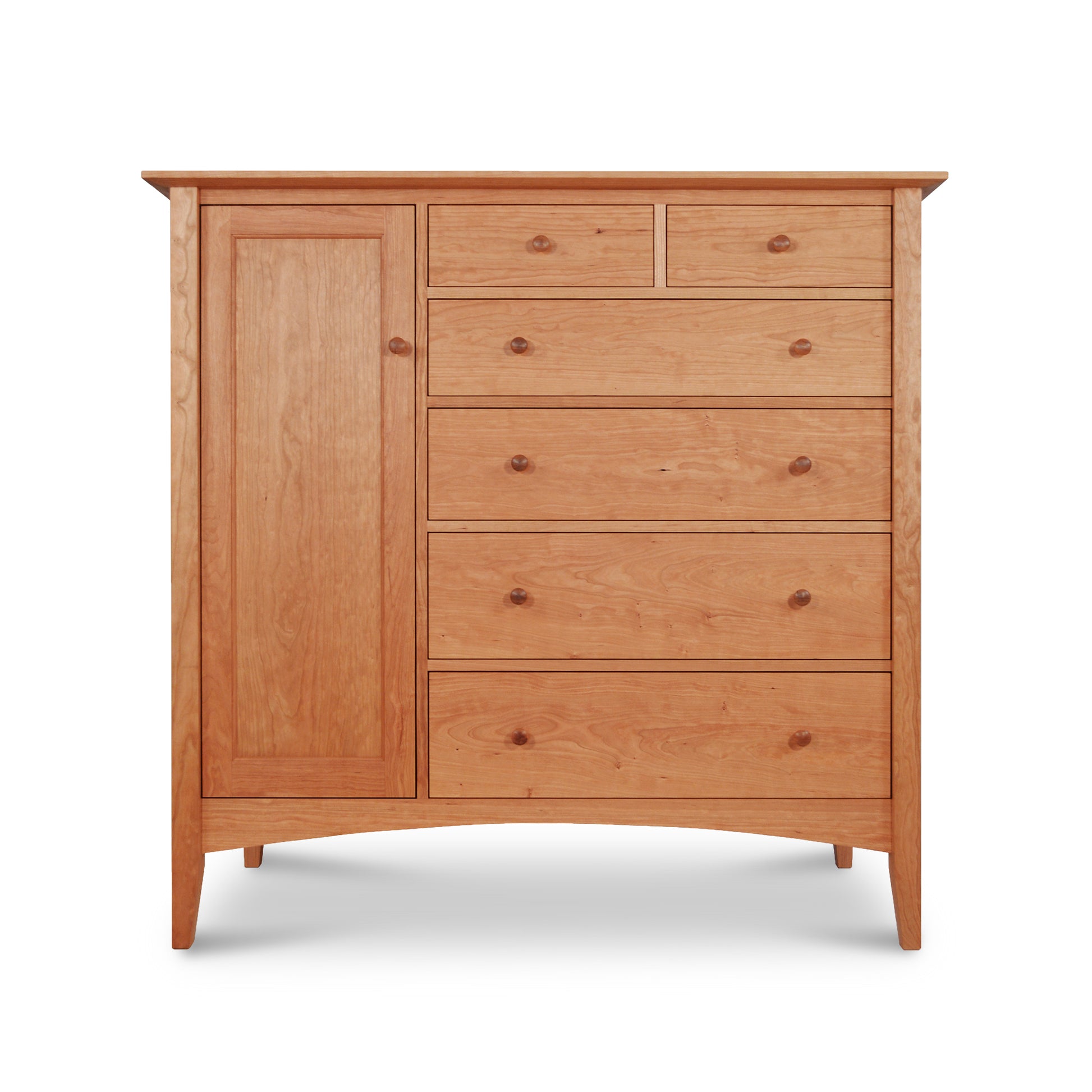 A Maple Corner Woodworks American Shaker Gent's Chest is isolated on a white background, featuring a tall cabinet section on the left and multiple varying sized drawers on the right.