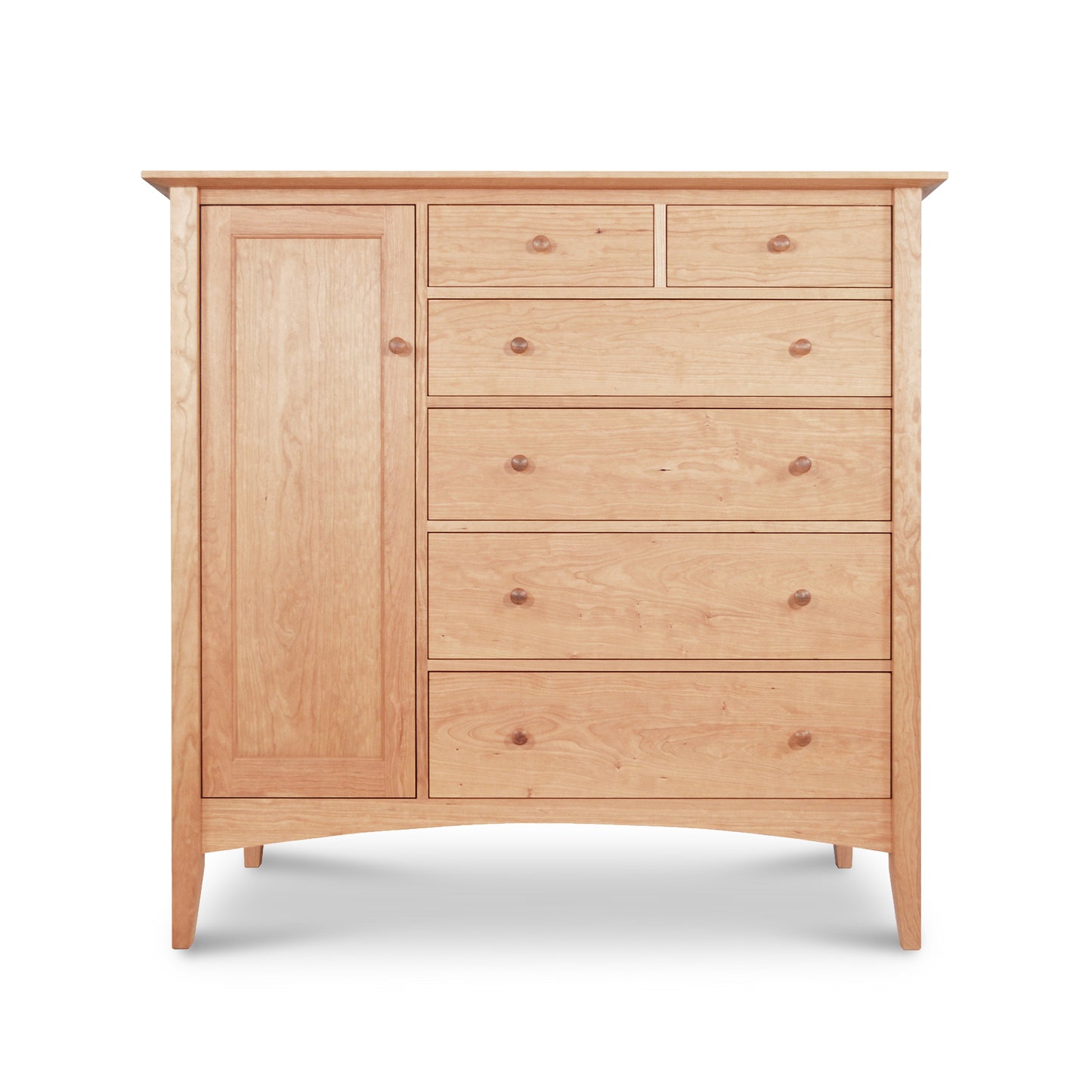 American Shaker Gent's Chest by Maple Corner Woodworks, crafted from solid hardwood with a side cupboard and six drawers, in a light natural finish.