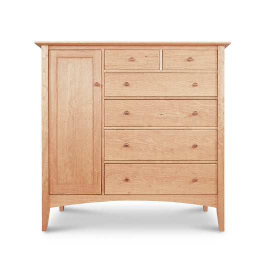 American Shaker Gent's Chest by Maple Corner Woodworks, crafted from solid hardwood with a side cupboard and six drawers, in a light natural finish.