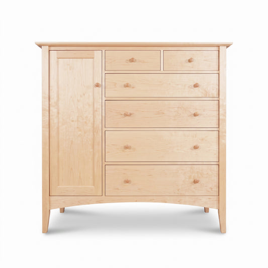 American Shaker Gent’s Chest by Maple Corner Woodworks with six drawers, tall door, and wood knobs, crafted in Vermont from solid wood.