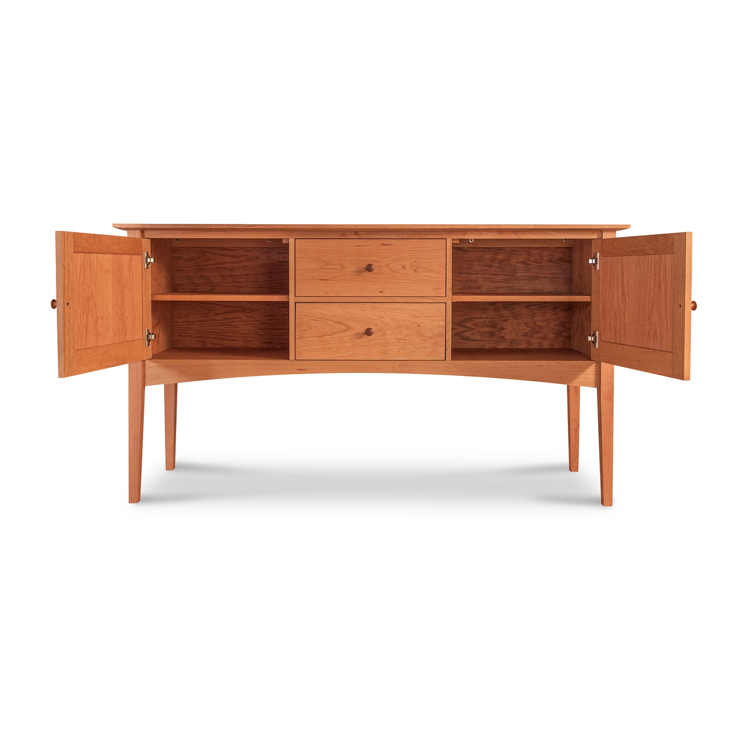 American Shaker Huntboard by Maple Corner Woodworks with two doors and three drawers, crafted from solid hardwood in light wood tones and featuring an eco-friendly oil finish.