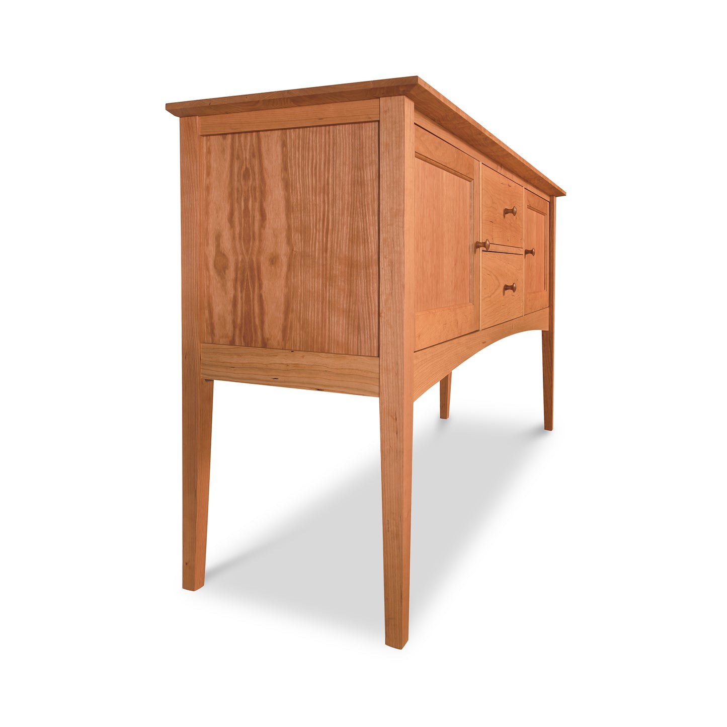A Maple Corner Woodworks American Shaker Huntboard with a simple design, featuring one cabinet and two small drawers, set against a white background. The desk has a smooth finish and angled legs, crafted in solid hardwood construction.