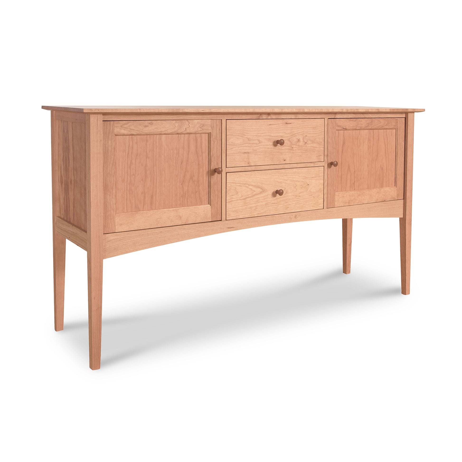 American Shaker Huntboard by Maple Corner Woodworks, with two cabinet doors and three drawers, set on slender legs, against a white background.