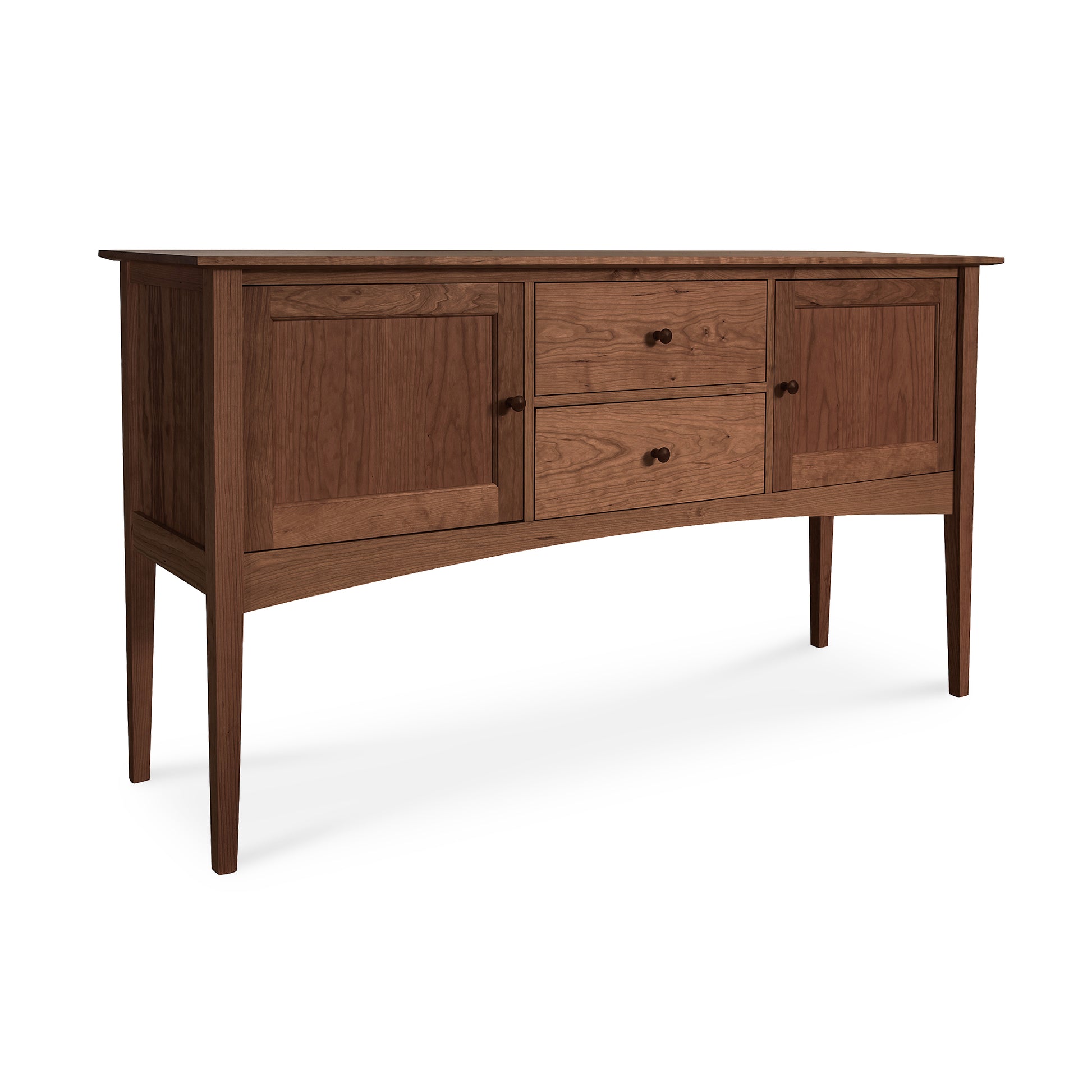 A American Shaker Huntboard with two cabinets and three central drawers, set on slender legs. The furniture features visible wood grain and round handles, styled in a minimalist Maple Corner Woodworks design.