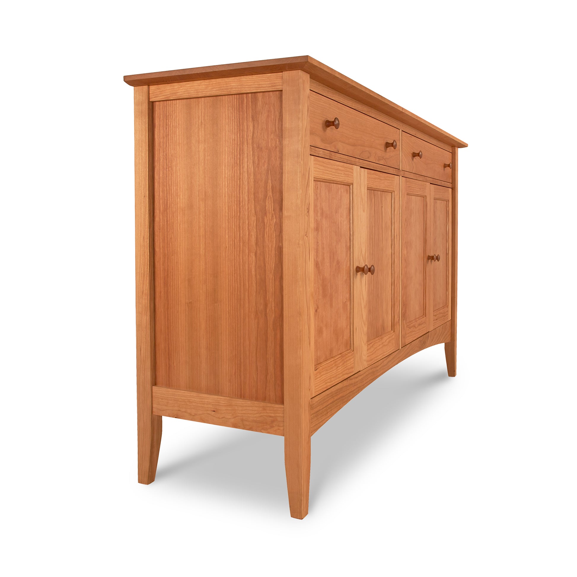 An Maple Corner Woodworks American Shaker Large Sideboard with three drawers and two side doors, featuring solid hardwood construction, displayed on a white background.