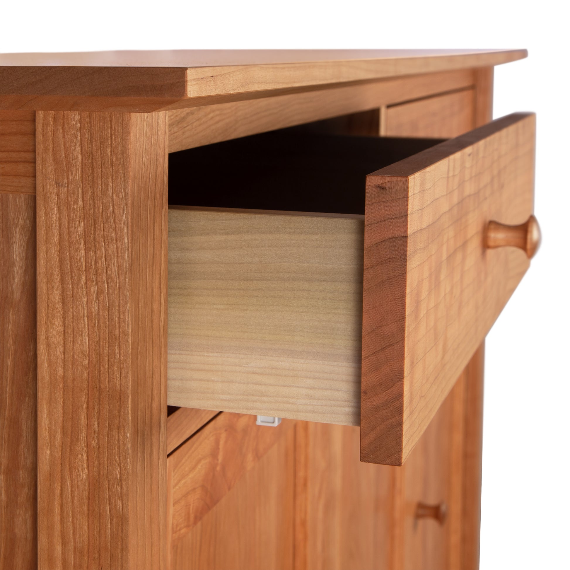 American Shaker Medium Sideboard by Maple Corner Woodworks, crafted from solid hardwood with a round wooden knob on the open drawer, showcasing exceptional Vermont craftsmanship.