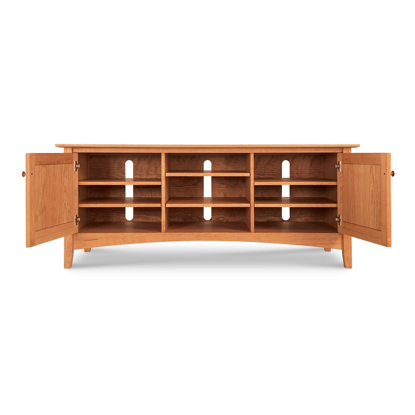 A Maple Corner Woodworks American Shaker 67" TV Stand with open shelf storage and two side cabinets, isolated on a white background.