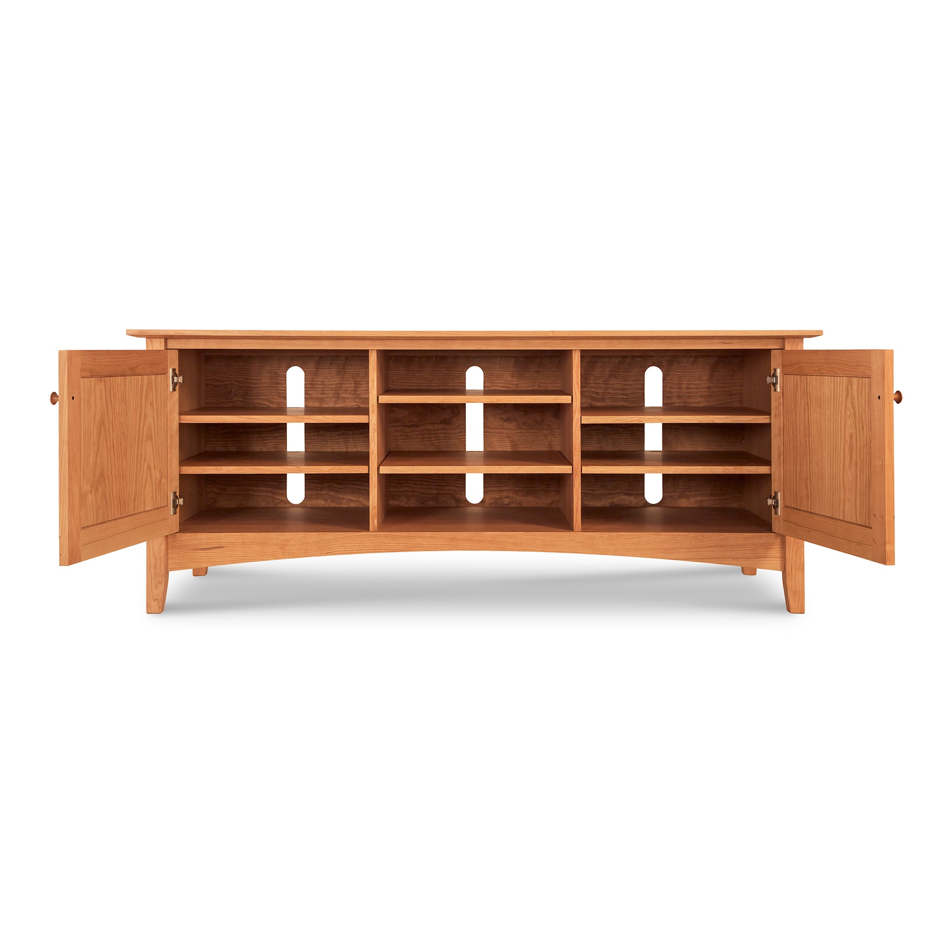 A Maple Corner Woodworks American Shaker 67" TV Stand with open shelf storage and two side cabinets, isolated on a white background.