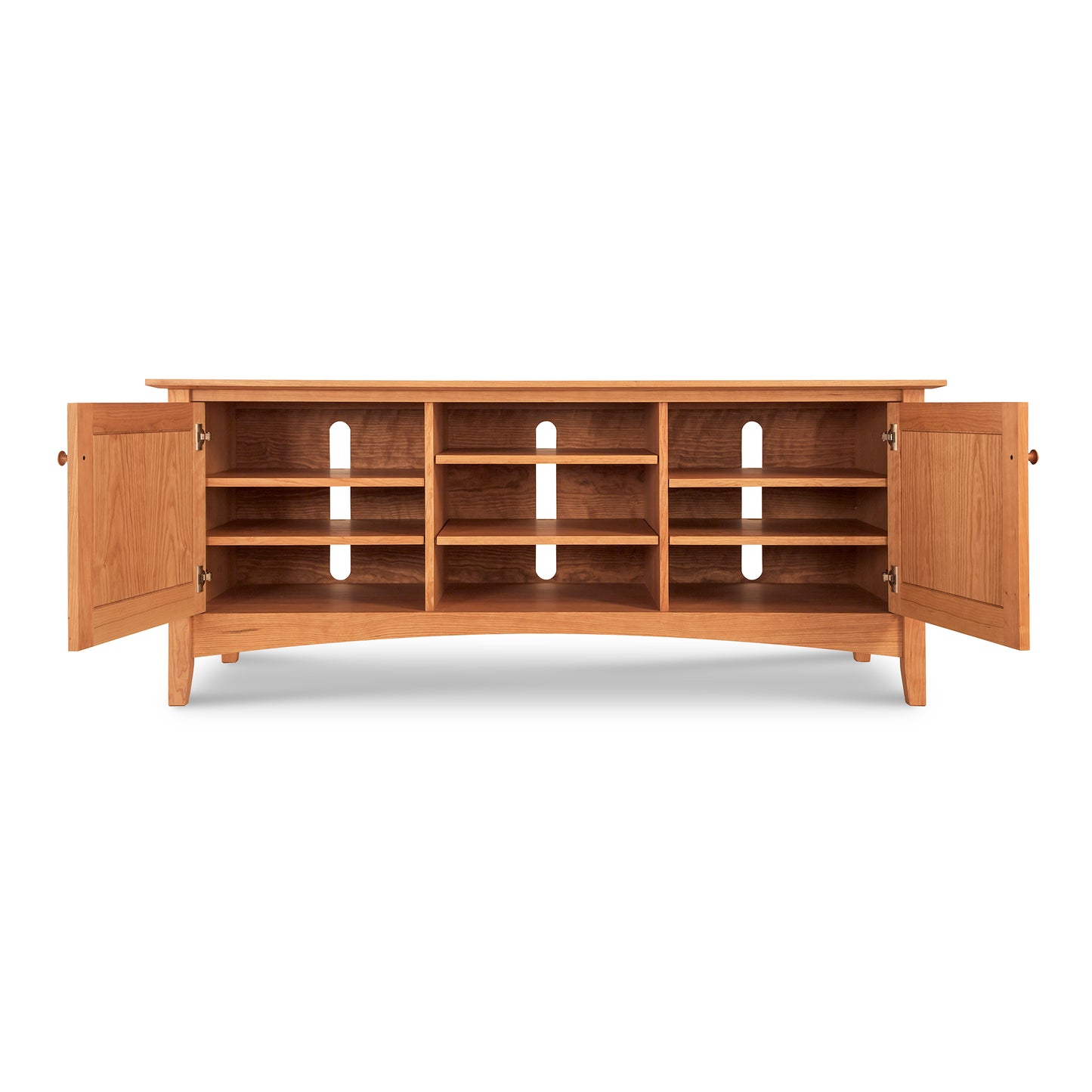 American Shaker 67" TV Stand by Maple Corner Woodworks, crafted from solid hardwoods with two open doors revealing multiple shelves and compartments, showcasing classic American design elegance.