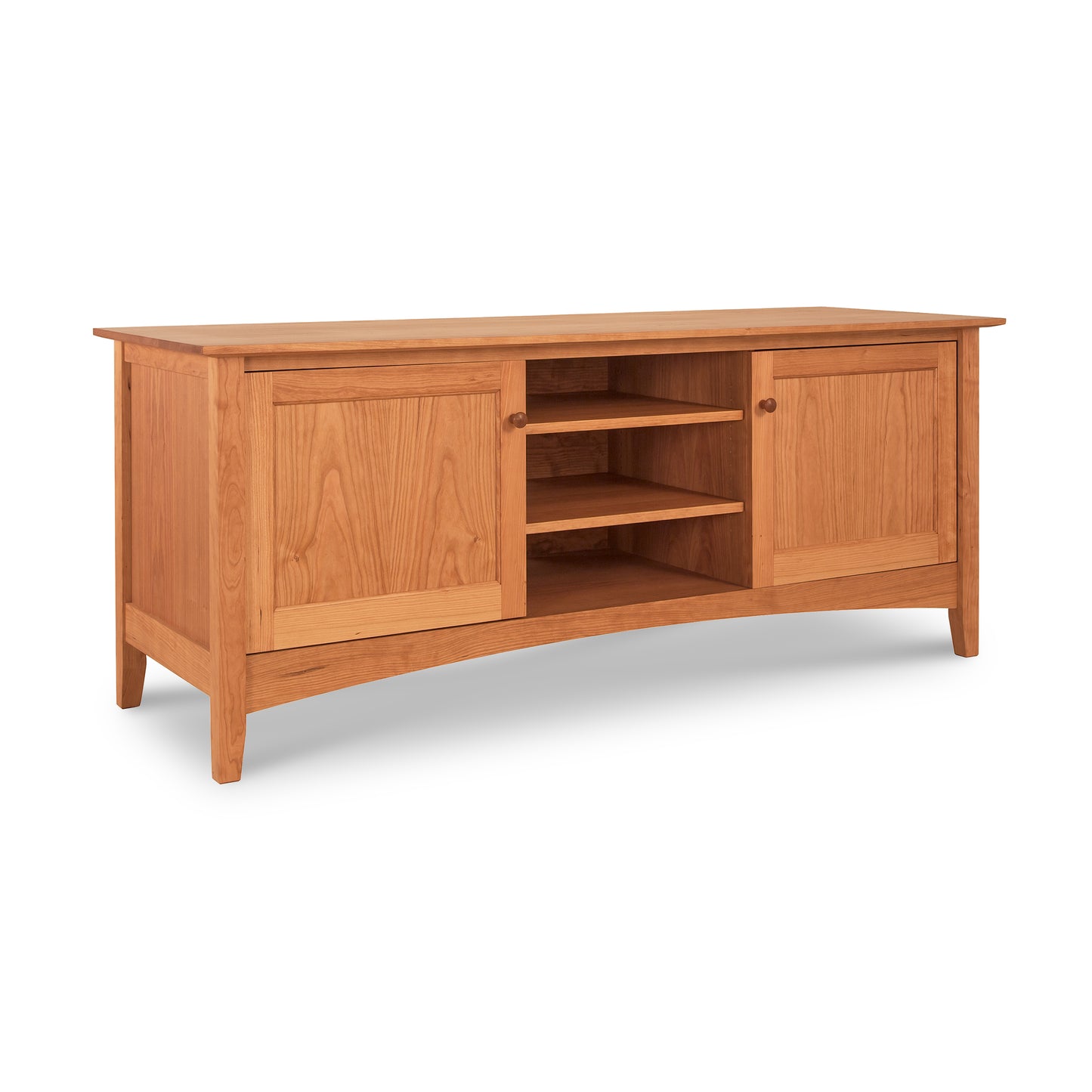 American Shaker 67" TV Stand by Maple Corner Woodworks featuring solid hardwood construction, with two side cabinets and three central open shelves.