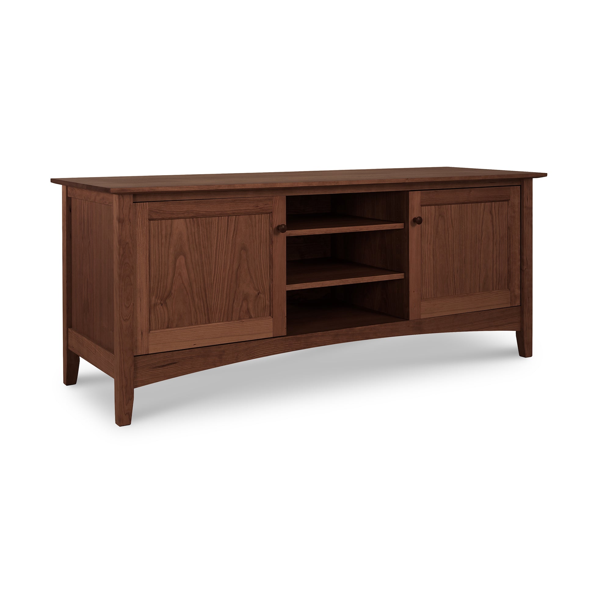 An Maple Corner Woodworks American Shaker 67" TV stand featuring closed cabinets on each side and open shelves in the middle, set against a white background.
