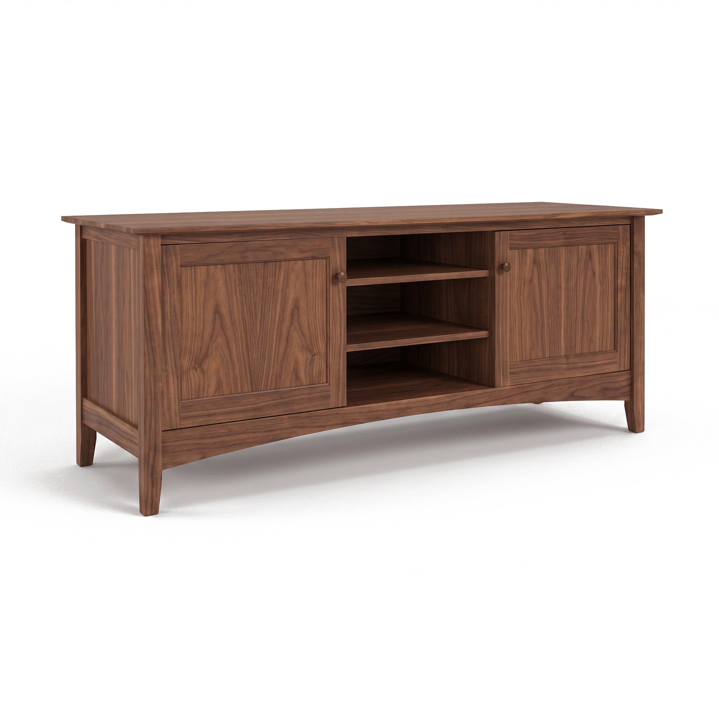 American Shaker 67″ TV Stand by Maple Corner Woodworks featuring solid hardwood, two doors, and three open shelves in a classic Shaker design.