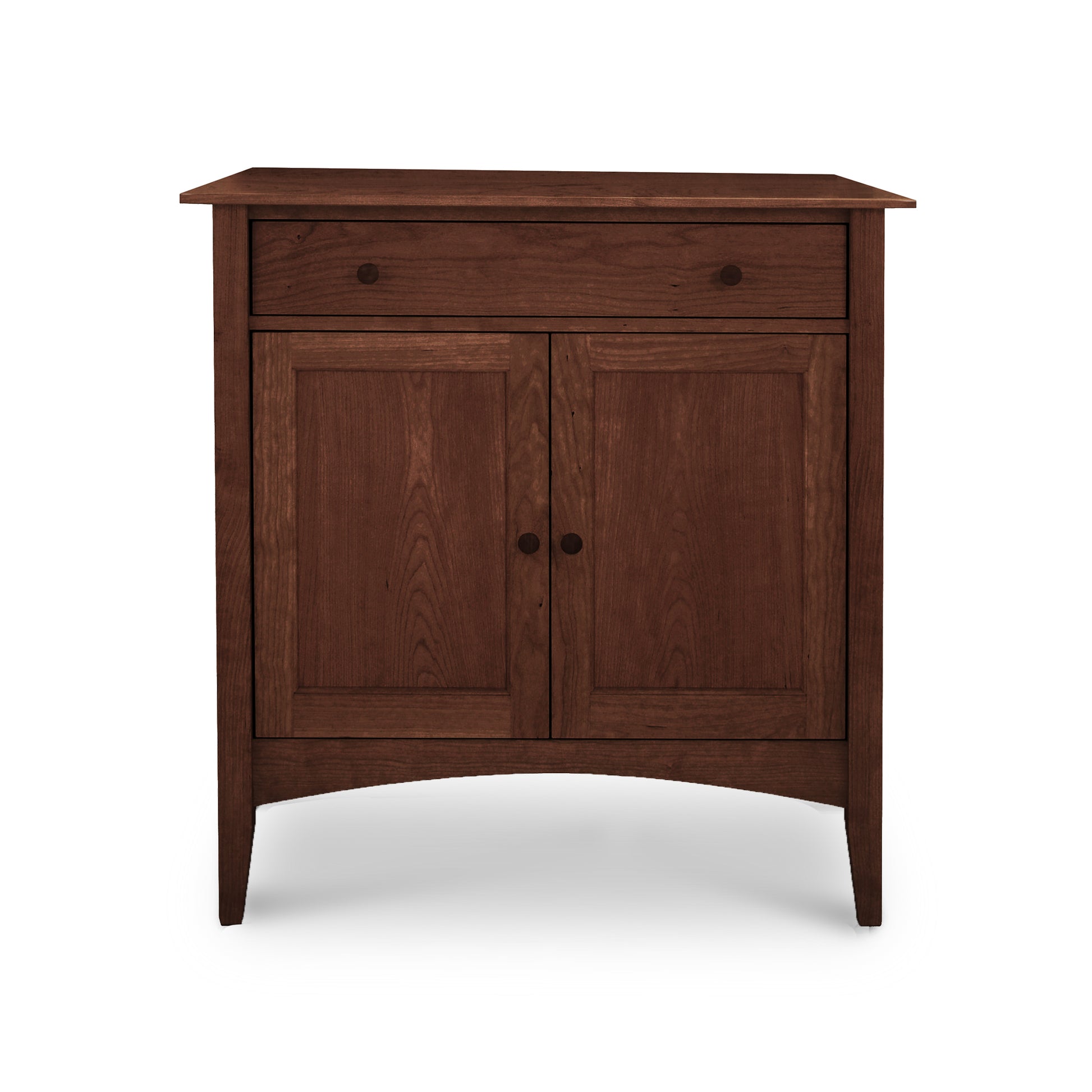 American Shaker Small Sideboard by Maple Corner Woodworks crafted from solid hardwood, featuring a minimalist design with a single drawer and two doors with dark handles.
