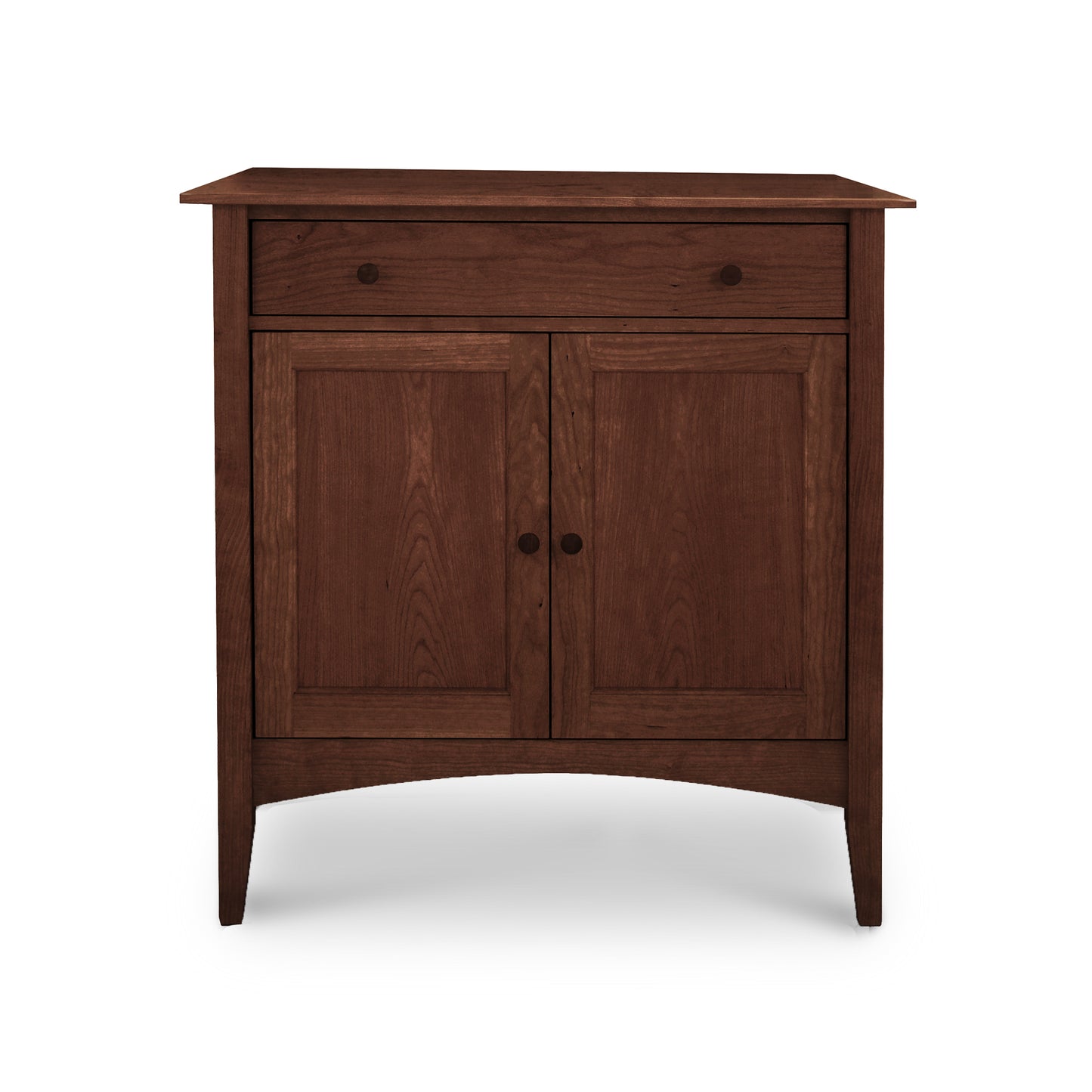 American Shaker Small Sideboard by Maple Corner Woodworks crafted from solid hardwood, featuring a minimalist design with a single drawer and two doors with dark handles.