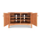 A Maple Corner Woodworks American Shaker 48" TV Stand with open doors revealing internal shelves, set against a white background. The unit features simple handles and a sleek, modern design.