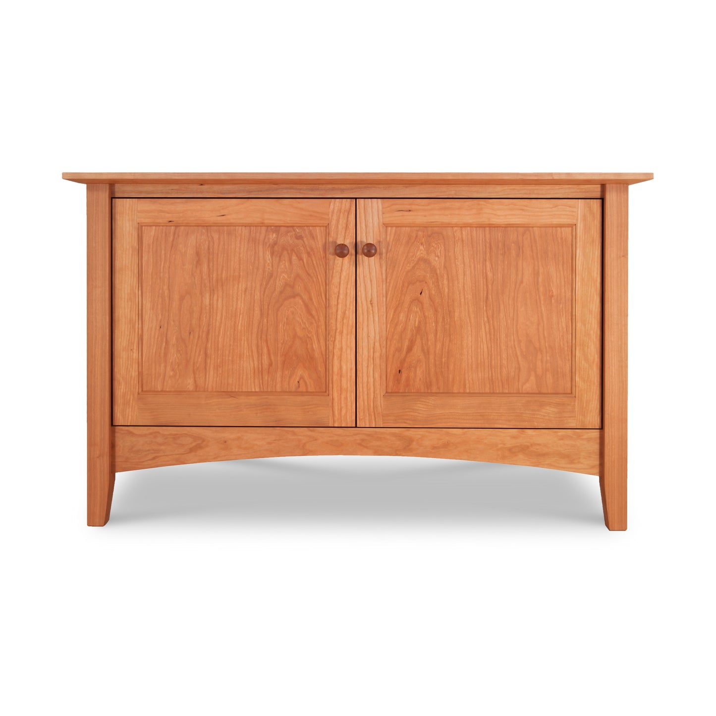 A Maple Corner Woodworks American Shaker 48" TV Stand with two doors and a simple, curved base design, isolated on a white background.