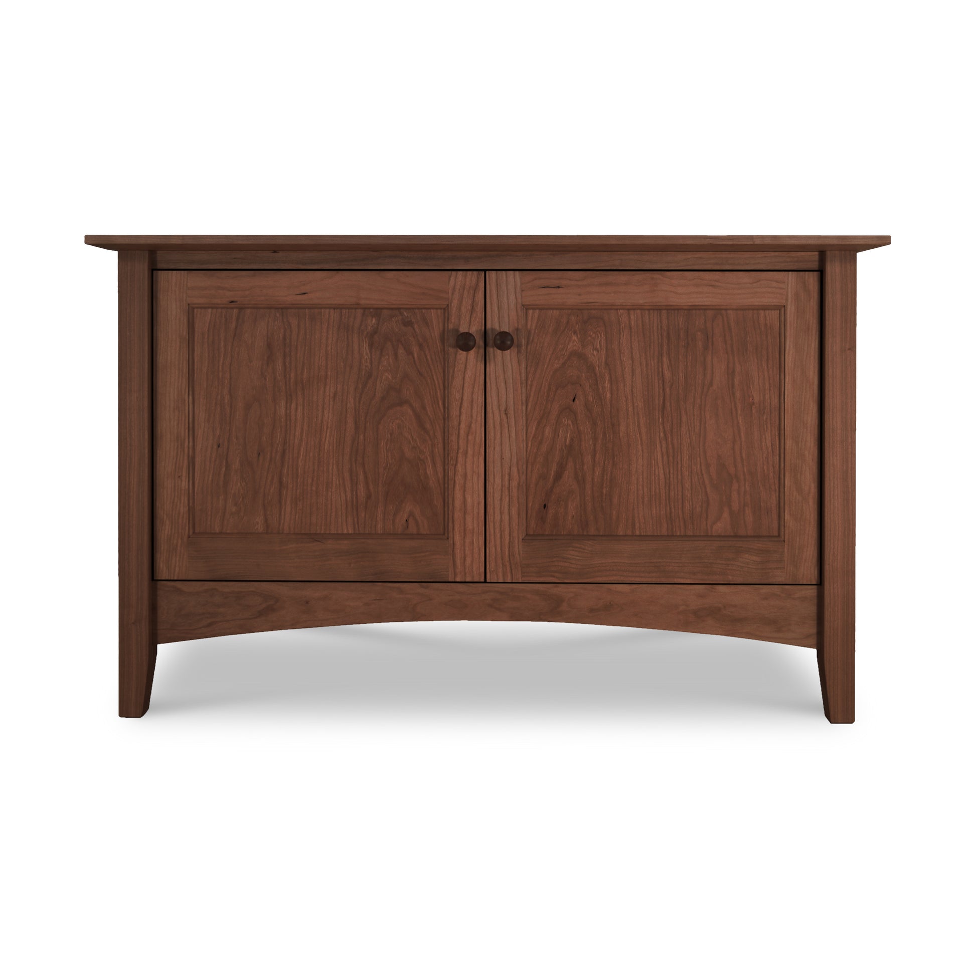 An American Shaker 48" TV Stand in maple wood with two doors and a flat top, featuring a simple and elegant design, set against a white background.