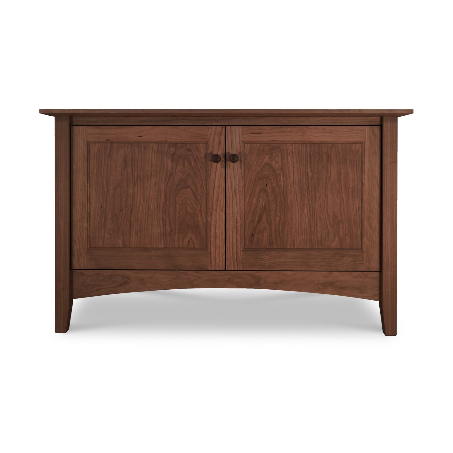 American Shaker 48" TV Stand with two doors and rounded handles, crafted from solid hardwood by Maple Corner Woodworks, showcasing simple yet elegant Vermont craftsmanship.