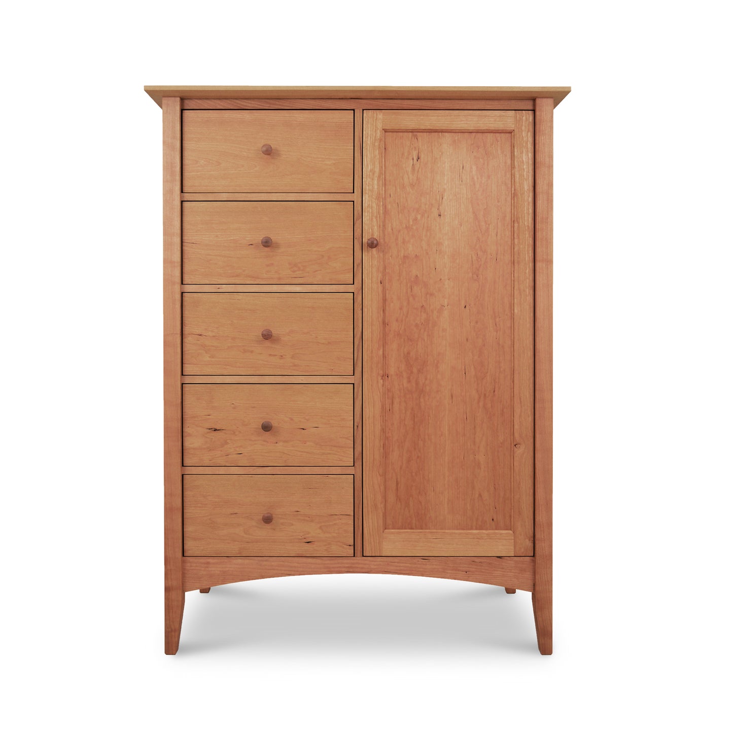 American Shaker Sweater Chest by Maple Corner Woodworks, featuring five drawers and a cabinet door with round knobs in a simple Shaker style, highlighting Vermont craftsmanship.
