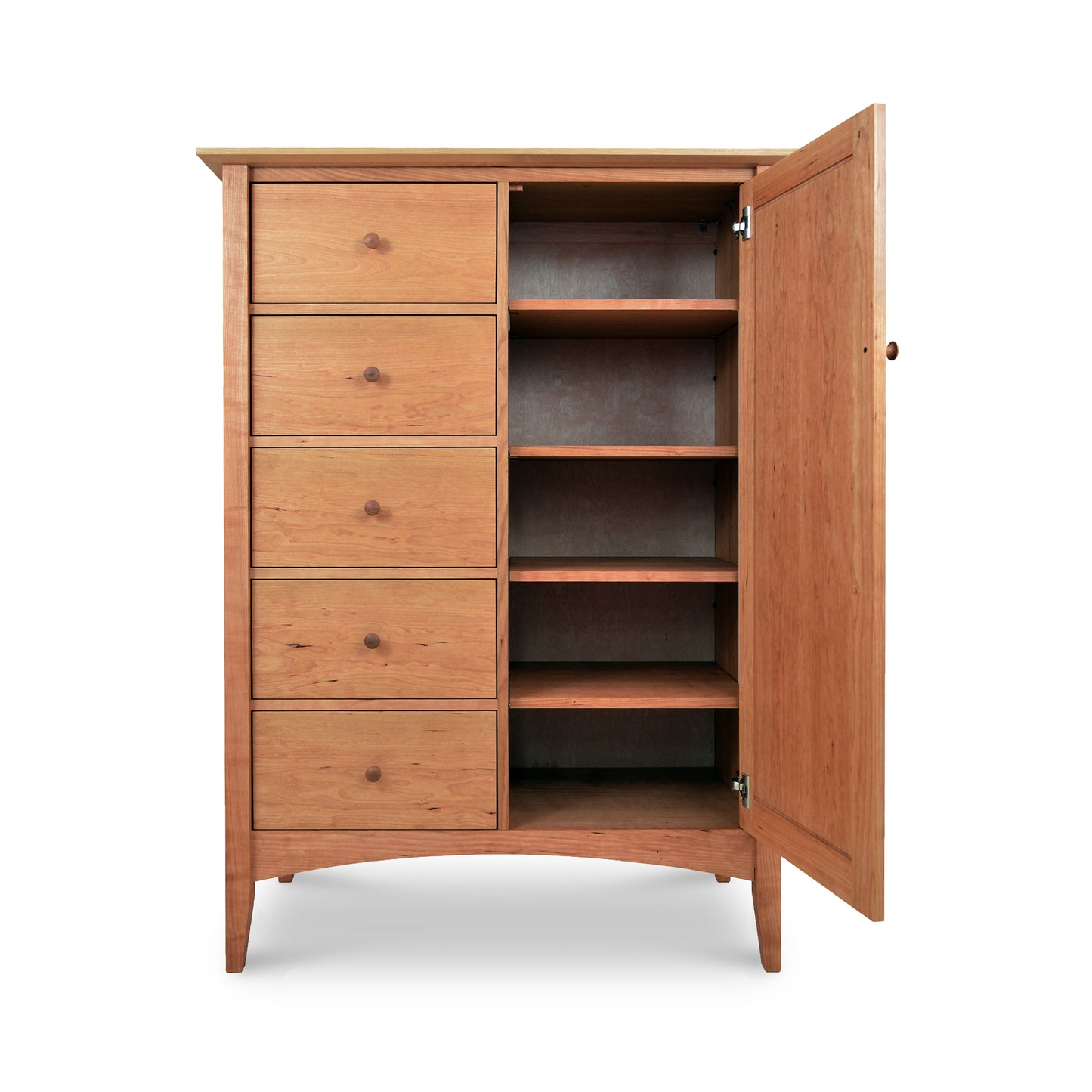 An Maple Corner Woodworks American Shaker sweater chest with multiple drawers on the left and shelves on the right, with one door open, isolated on a white background.