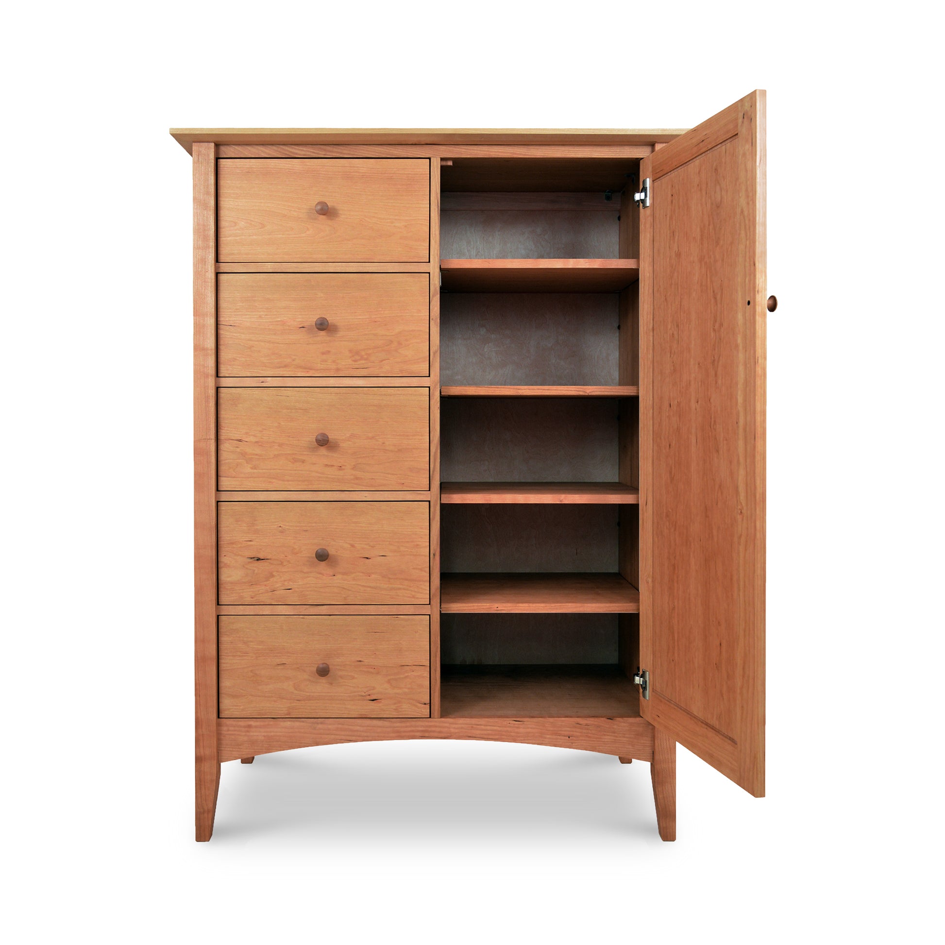American Shaker Sweater Chest highlighting traditional Shaker design, featuring five closed drawers on the left and an open door with four spacious shelves on the right.