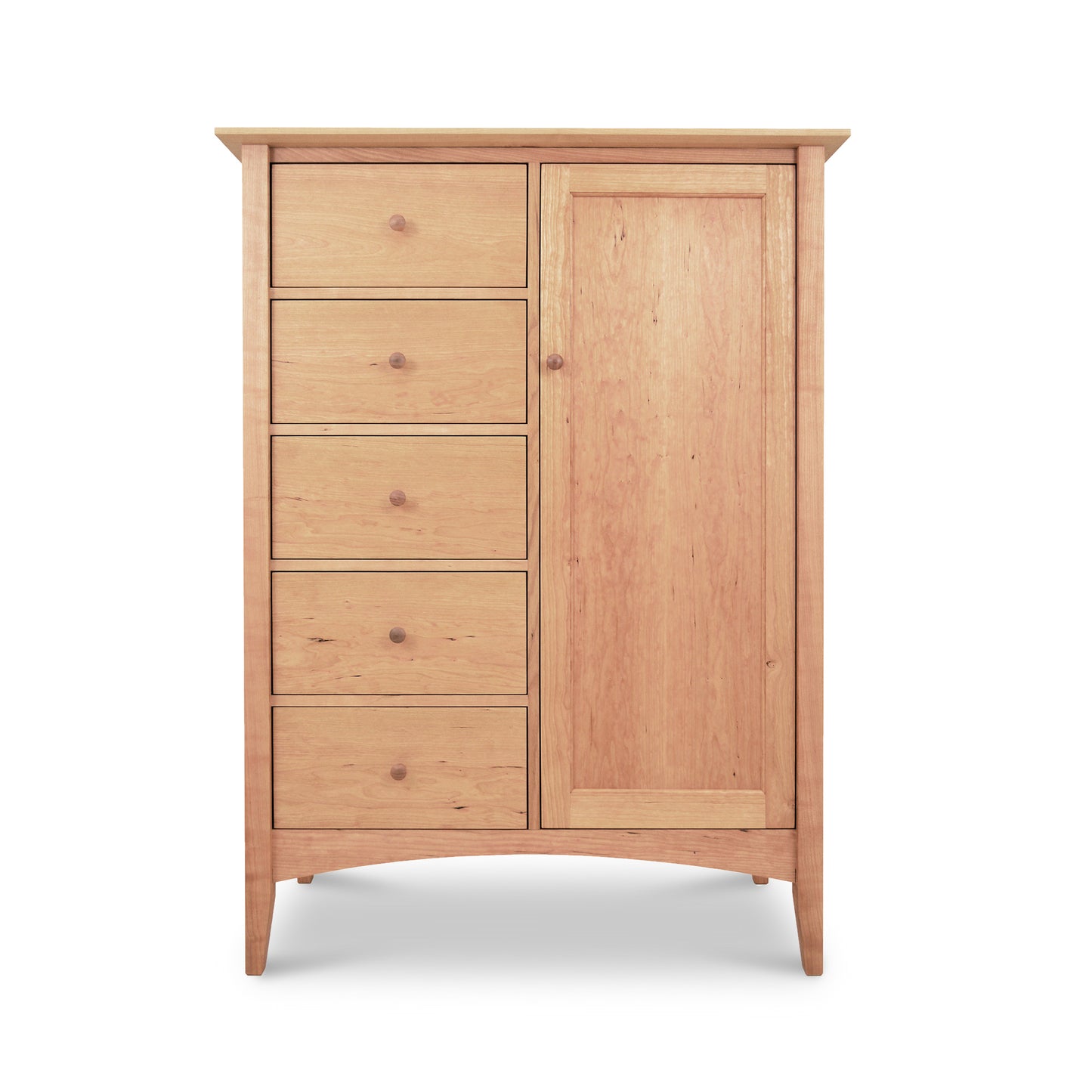 American Shaker Sweater Chest crafted with Vermont craftsmanship by Maple Corner Woodworks, featuring seven drawers on the left and a single cabinet door on the right, isolated on a white background.