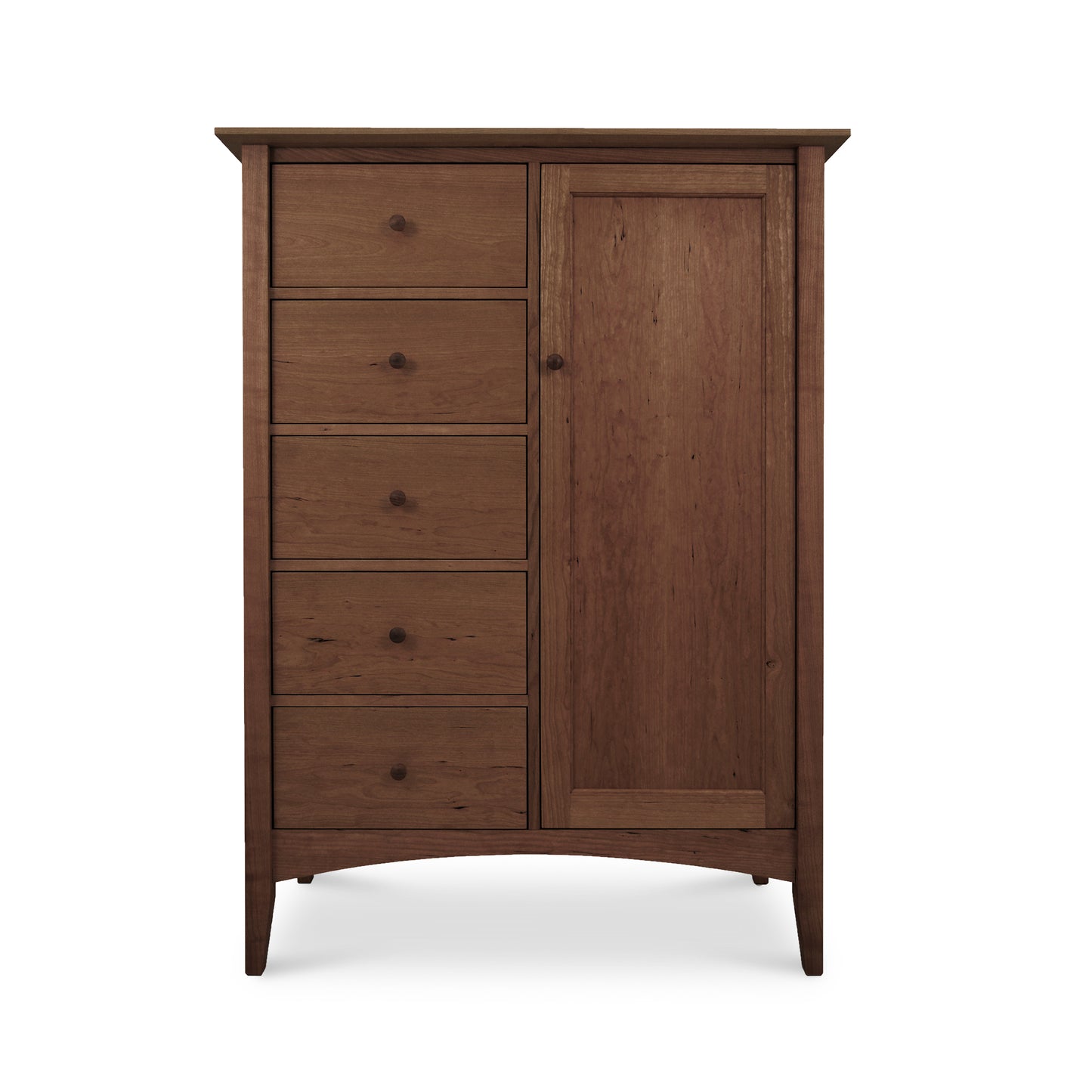 A Maple Corner Woodworks American Shaker Sweater Chest, featuring a combination of five drawers on the left and a single closed door on the right, all set against a plain white background, crafted with Vermont craftsmanship.