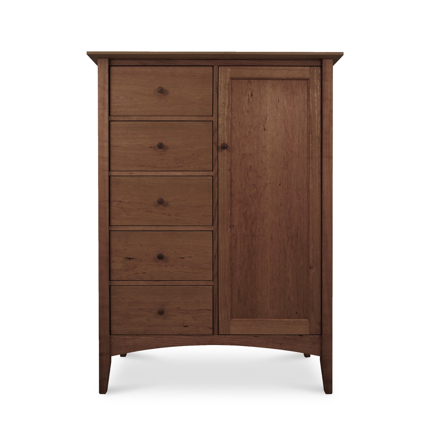 American Shaker Sweater Chest by Maple Corner Woodworks featuring solid hardwood, five side drawers, and a single door cabinet on the right.