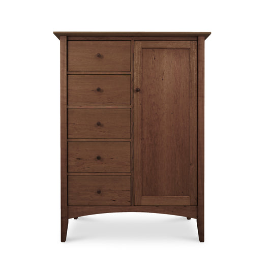 American Shaker Sweater Chest by Maple Corner Woodworks featuring solid hardwood, five side drawers, and a single door cabinet on the right.