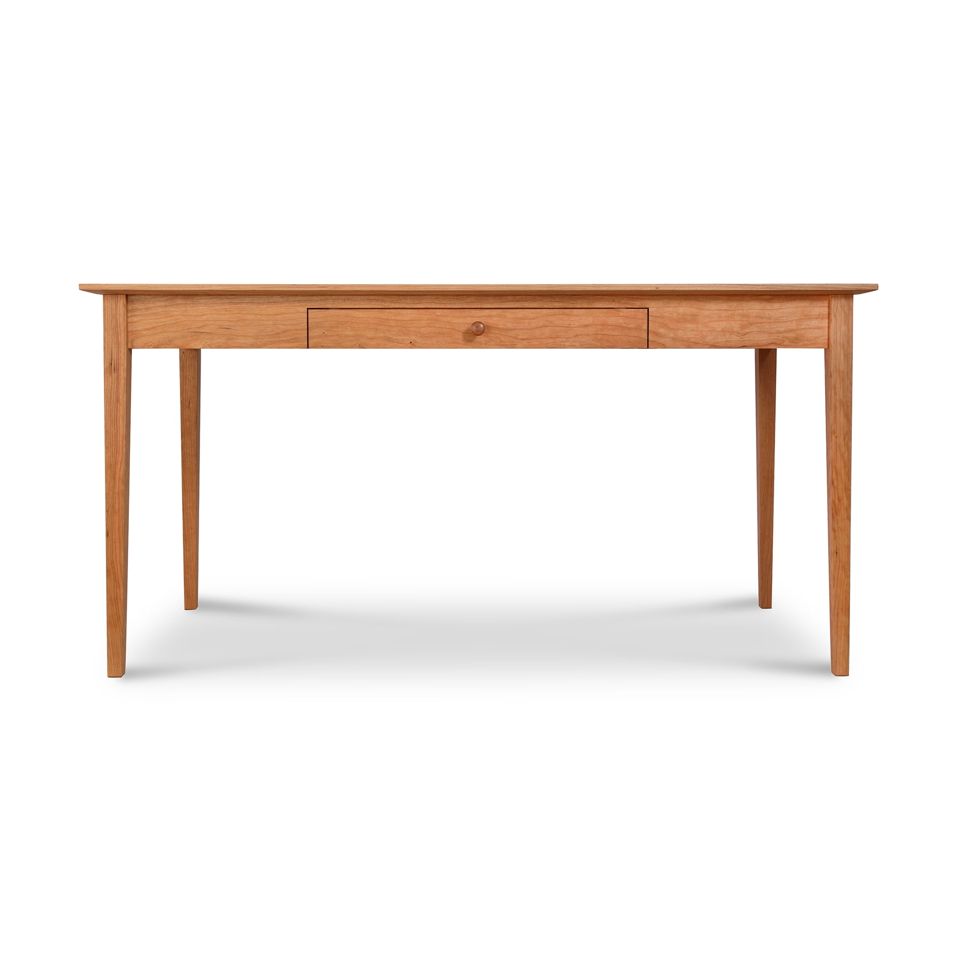 Maple Corner Woodworks' American Shaker Writing Desk, sustainably harvested hardwood table with a single centered drawer, standing on four straight legs, isolated on a white background.