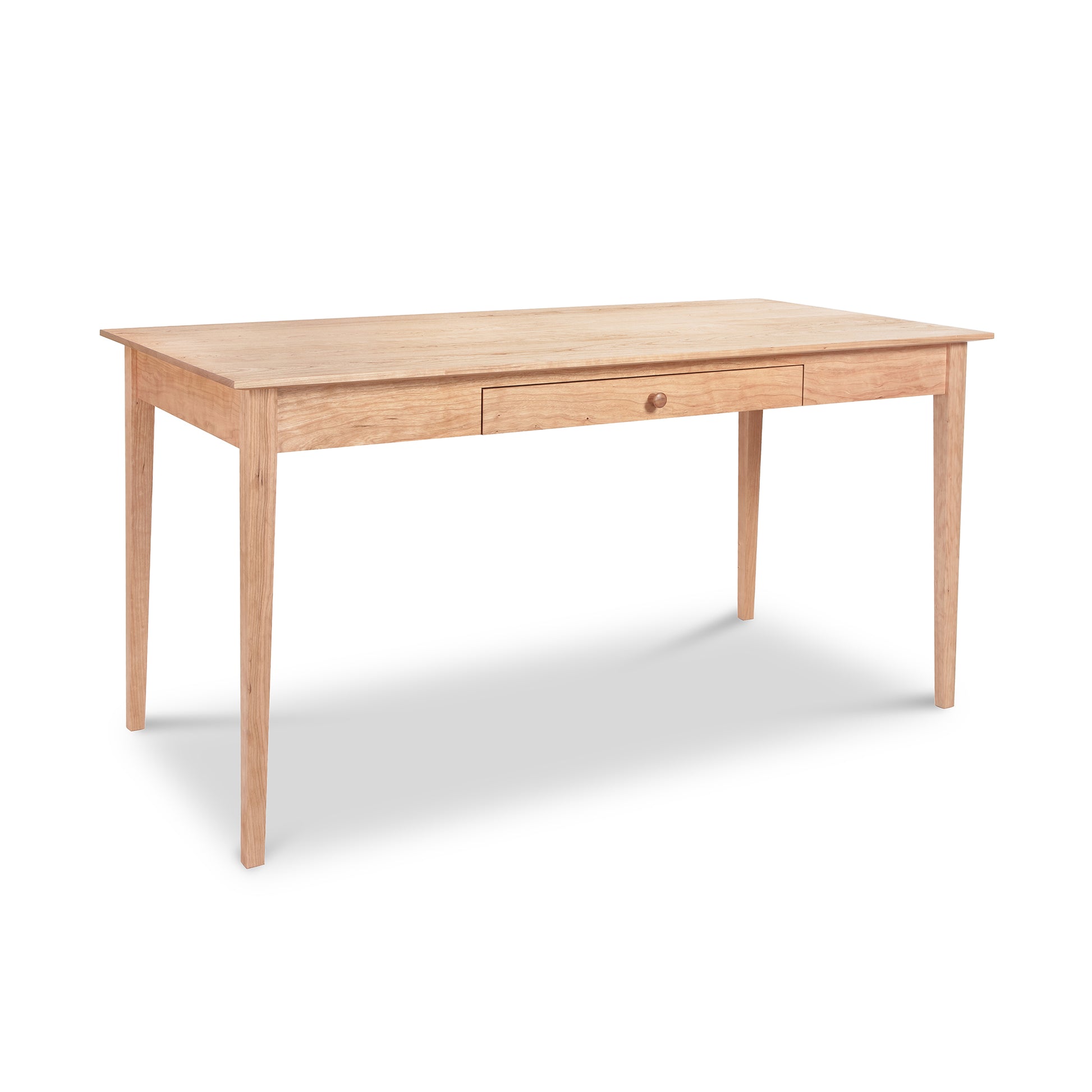 An American Shaker Writing Desk by Maple Corner Woodworks, crafted from sustainably harvested hardwood, with a single centered drawer, standing on four straight legs, against a white background.