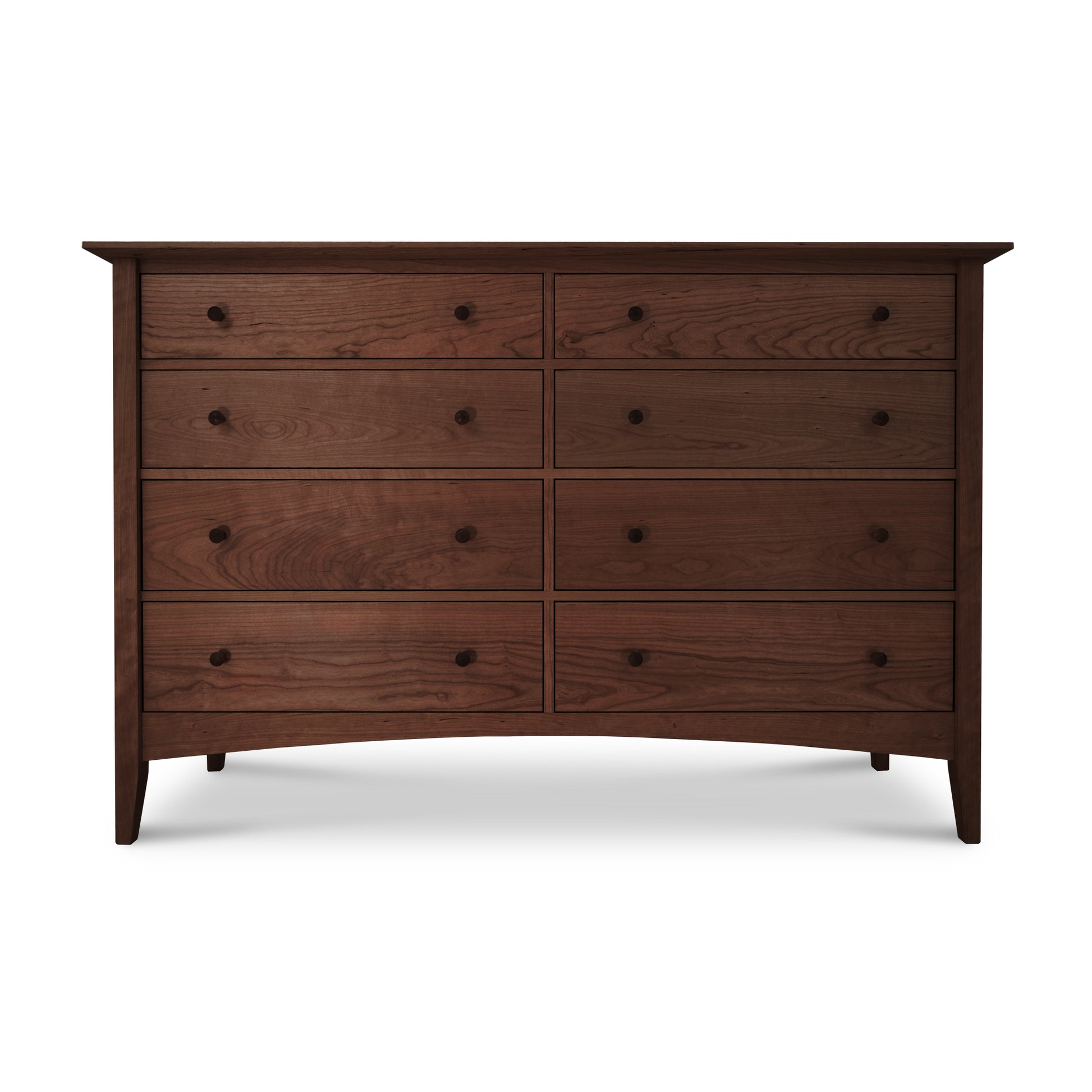 A Maple Corner Woodworks American Shaker 8-Drawer Dresser with nine drawers, featuring a rich dark brown finish and simple round knobs on a white background.